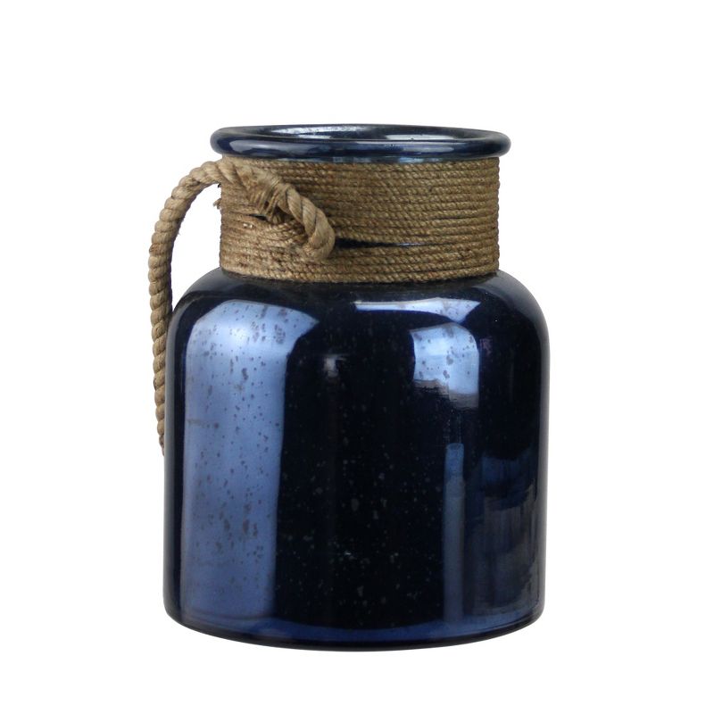 Kaemingk 9.5" Blue Mercury Glass Hurricane Lantern with Rope Handle