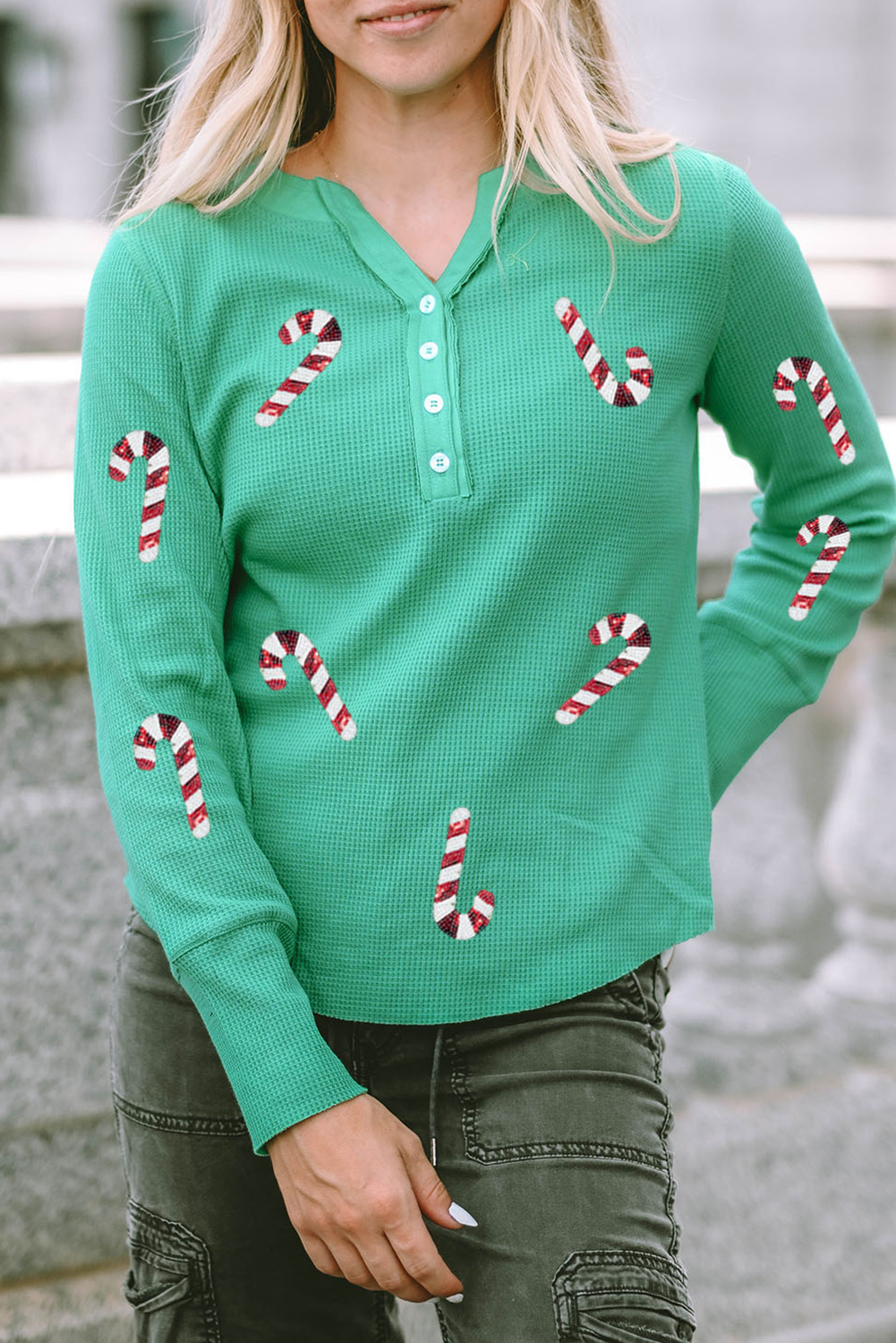 Green Christmas Candy Cane Patched Graphic Half Button Waffle Long Sleeve Top