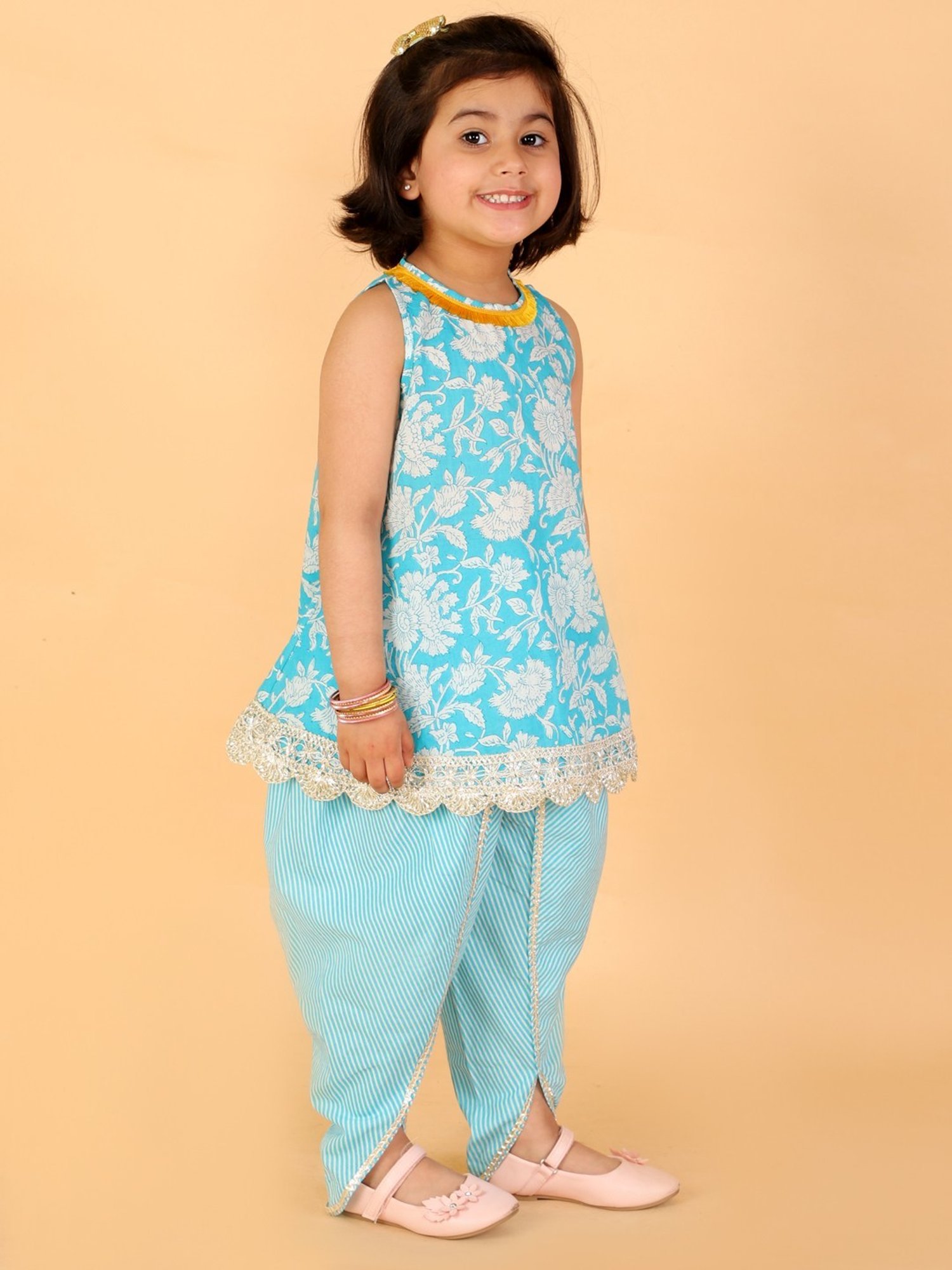 Lil Drama Kids Blue Cotton Floral Print Kurta Set