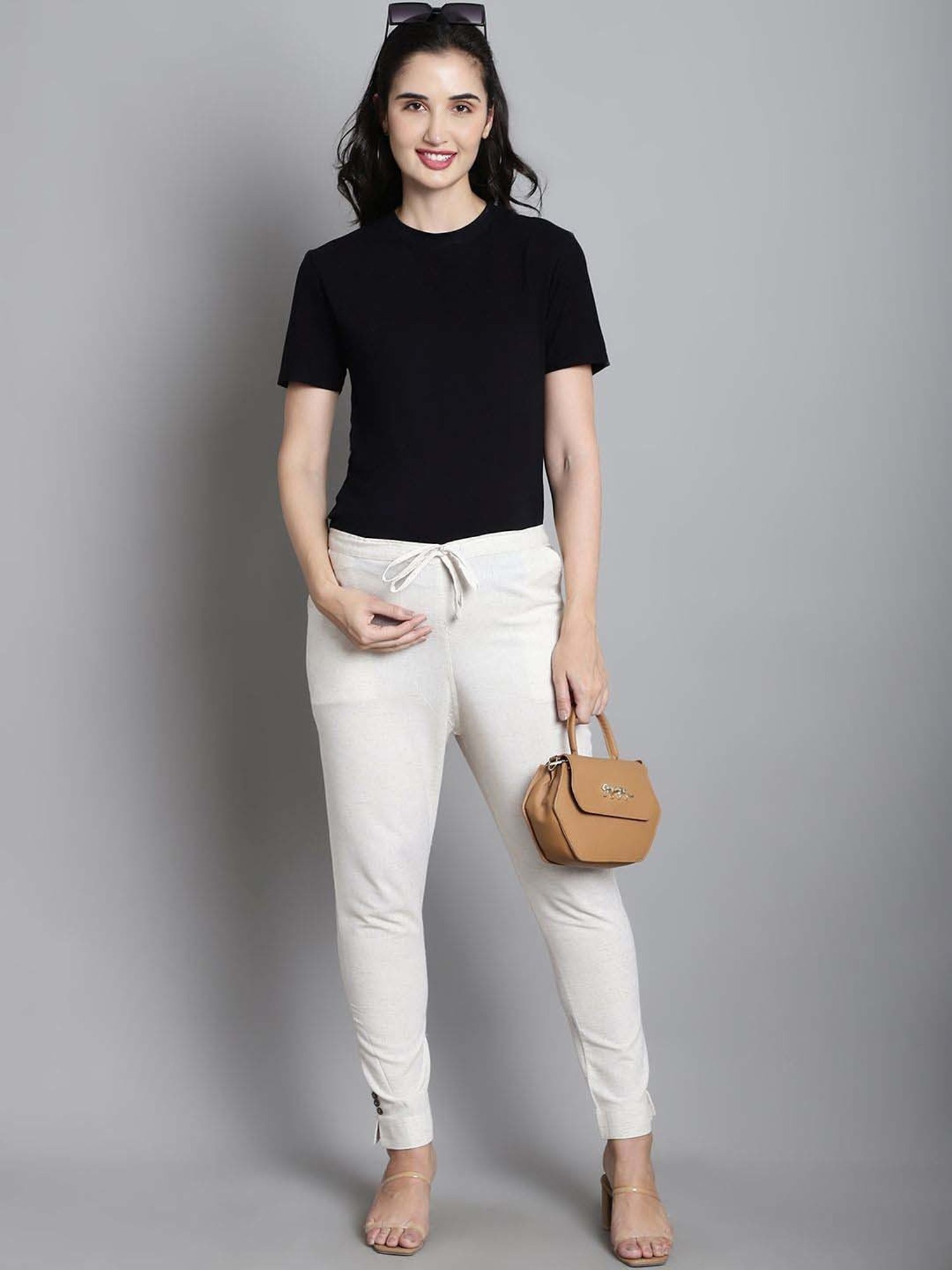 Moms Maternity White Cotton Mid Rise Maternity Trousers