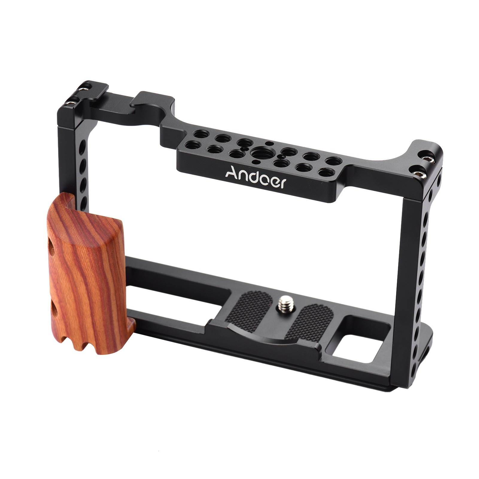 Andoer Aluminum Alloy Camera Cage Protective Vlog Cage with Wooden Hand Grip Film Making System with Cold Shoe for Microphone Fill Light Compatible with Fujifilm X-T4 ILDC Camera