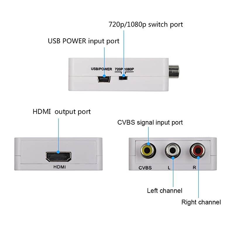 AV to HDMI Converter Mini RCA Composite AV CVBS to HDMI Video Audio Converter Adapter Supporting PAL/NTSC with USB Charge Cable for PC Laptop Xbox PS4 PS3 TV STB VHS VCR Camera DVD