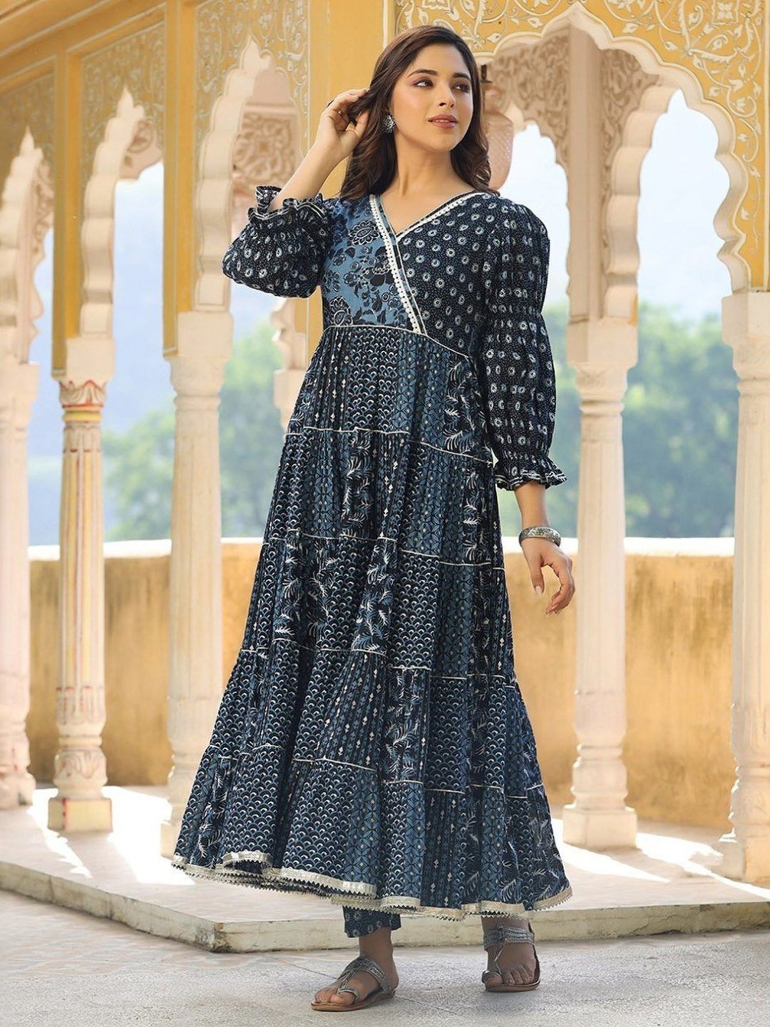 Everbloom Blue Navya Printed Angrakha Tiered Kurta With Pant