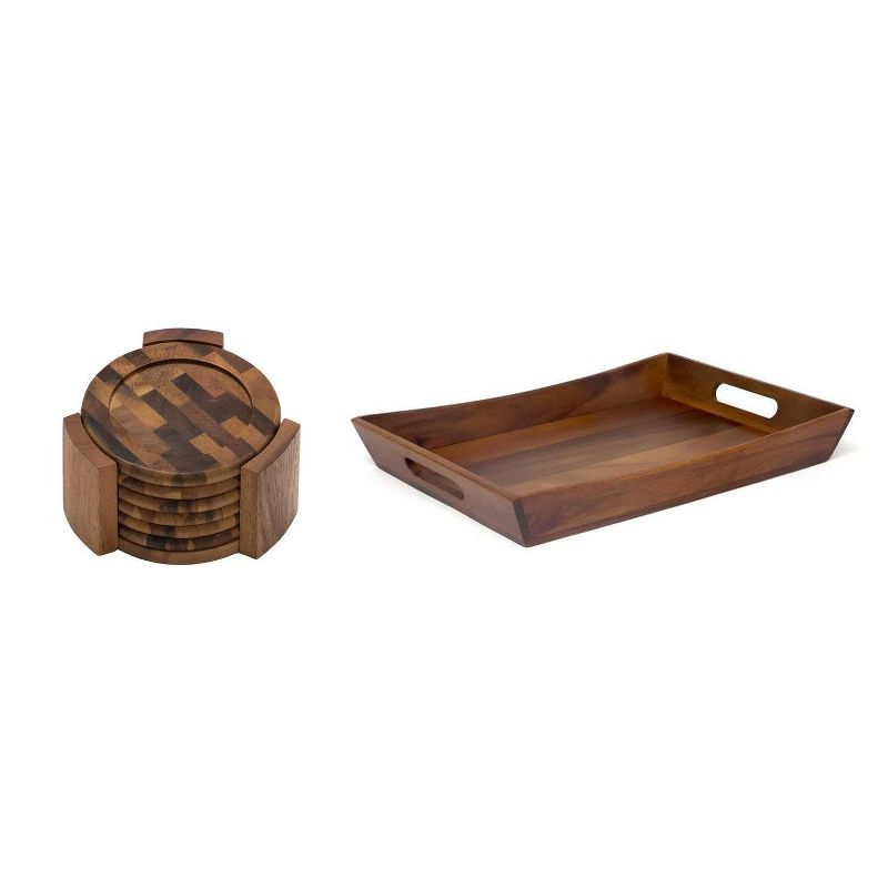 Lipper International Acacia 7 Piece Wood Coaster Set w/ Holder and Serving Tray