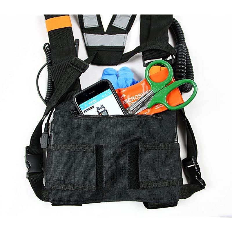 Dual Portable Radio 3m Reflective Chest Harness Vest Chaleco Front Pouch Holder Holster for Two Way Walkie Talkie GPS Firefighter EMS EMT SAR Search Rescue Tactical Refineries Construction