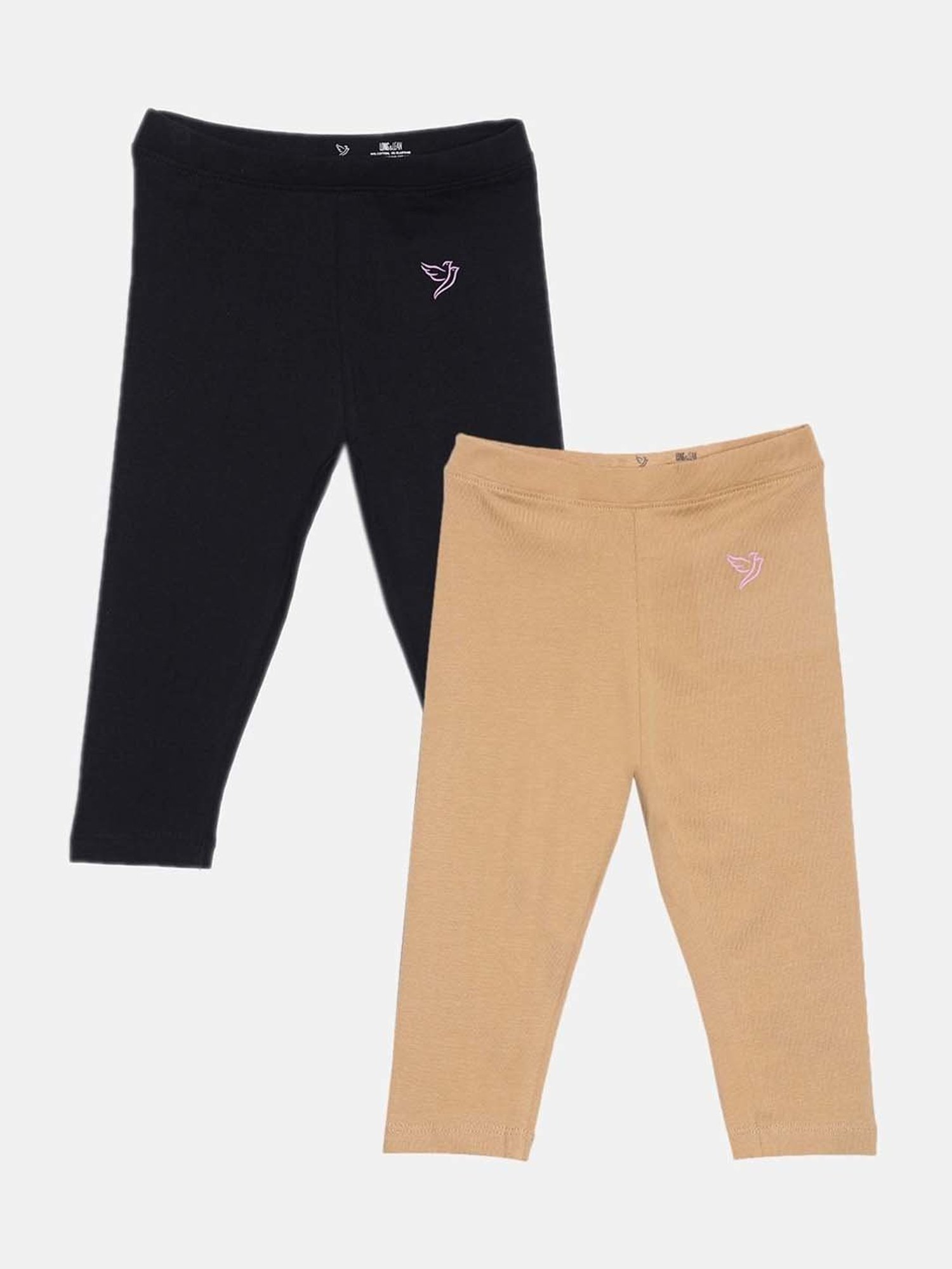 TWIN BIRDS Kids Black & Beige Cotton Regular Fit Leggings (Pack of 2)