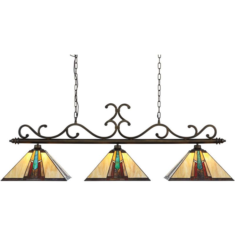 Robert Louis Tiffany Bronze Linear Island Pendant Chandelier 56" Wide Tiffany Style Ranier Art Glass 3-Light Fixture for Kitchen