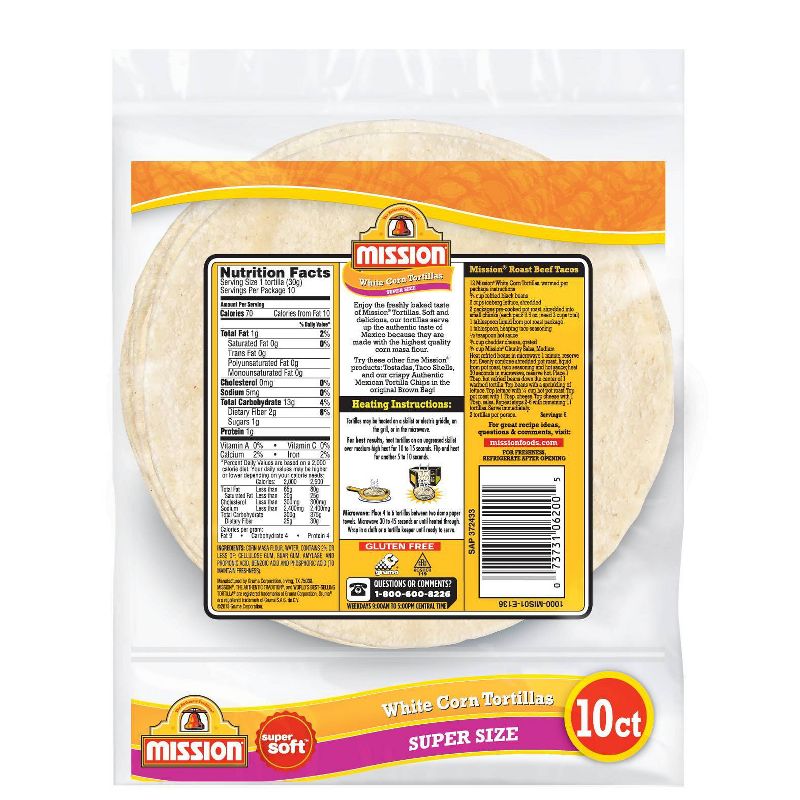 Mission Super Size Gluten Free Super Soft White Corn Tortillas - 10.84oz/10ct