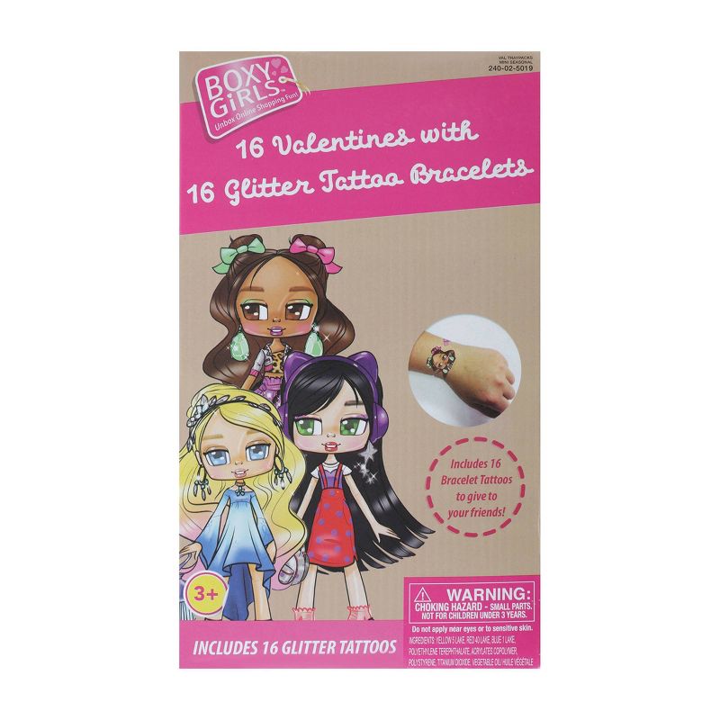 Boxy Girls 16ct Valentines With Glitter Tattoo Bracelet