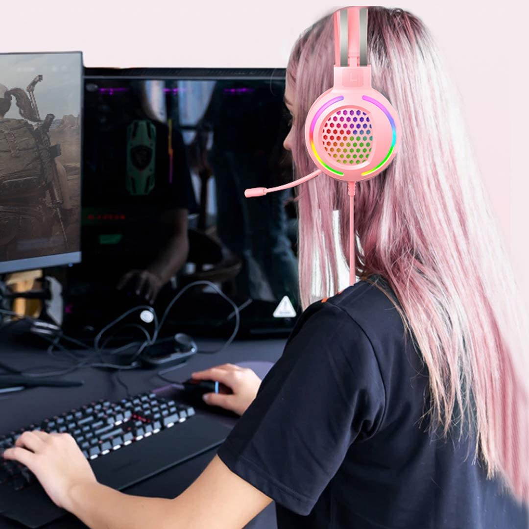 Gaming Headset with 7.1 Surround Sound,PC Lightweight Headset with Noise Canceling Mic,Bass Surround,Soft Memory Earmuffs,Rainbow LED Backlit for PC,PS4,Xbox One Controller(Adapter Not Included)(Pink)