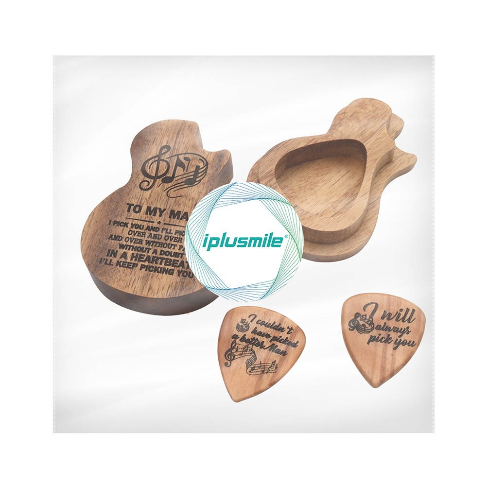 1 Set/3 Pcs Guitar-Shaped Case Guitar Pick Box Guitar Pickup Accessories Wooden Guitar Pick Collection Holder Storage Box (Box and 2 Pcs Pick, Logo Style)