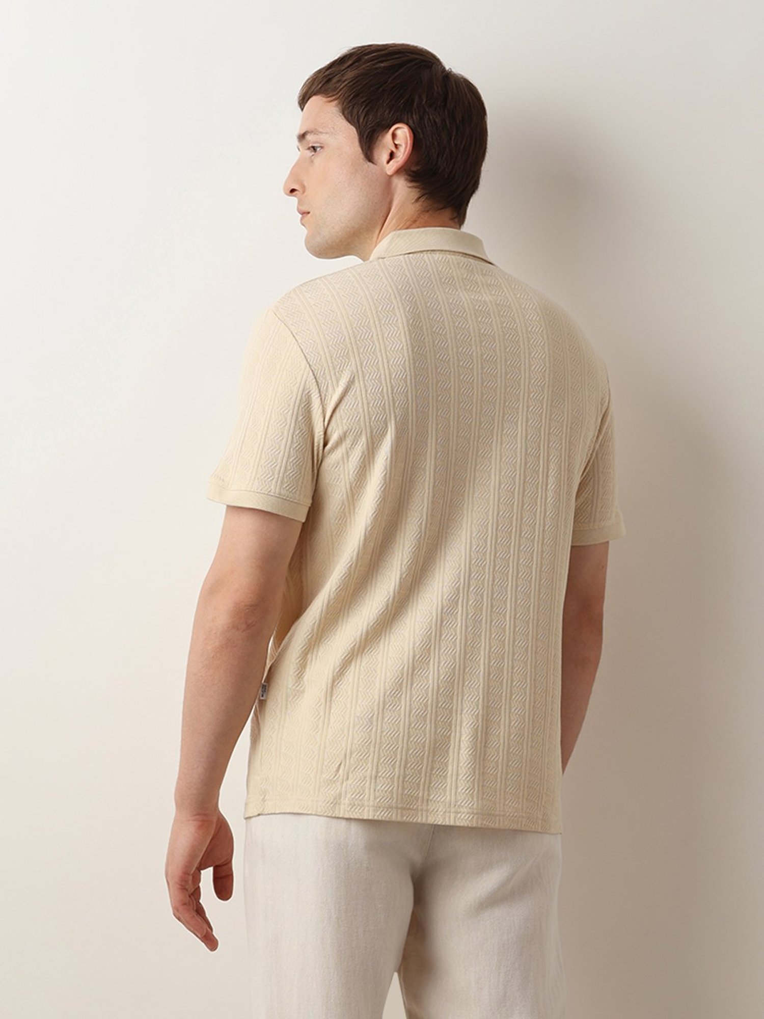 SELECTED HOMME Beige Slim Fit Self Design Cotton Polo T-Shirt