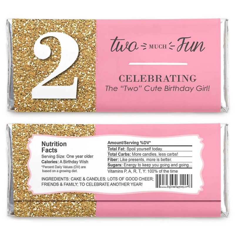 Big Dot of Happiness Two Much Fun - Girl - 2nd Birthday Party Favors Candy Bar Wrappers - Set of 24