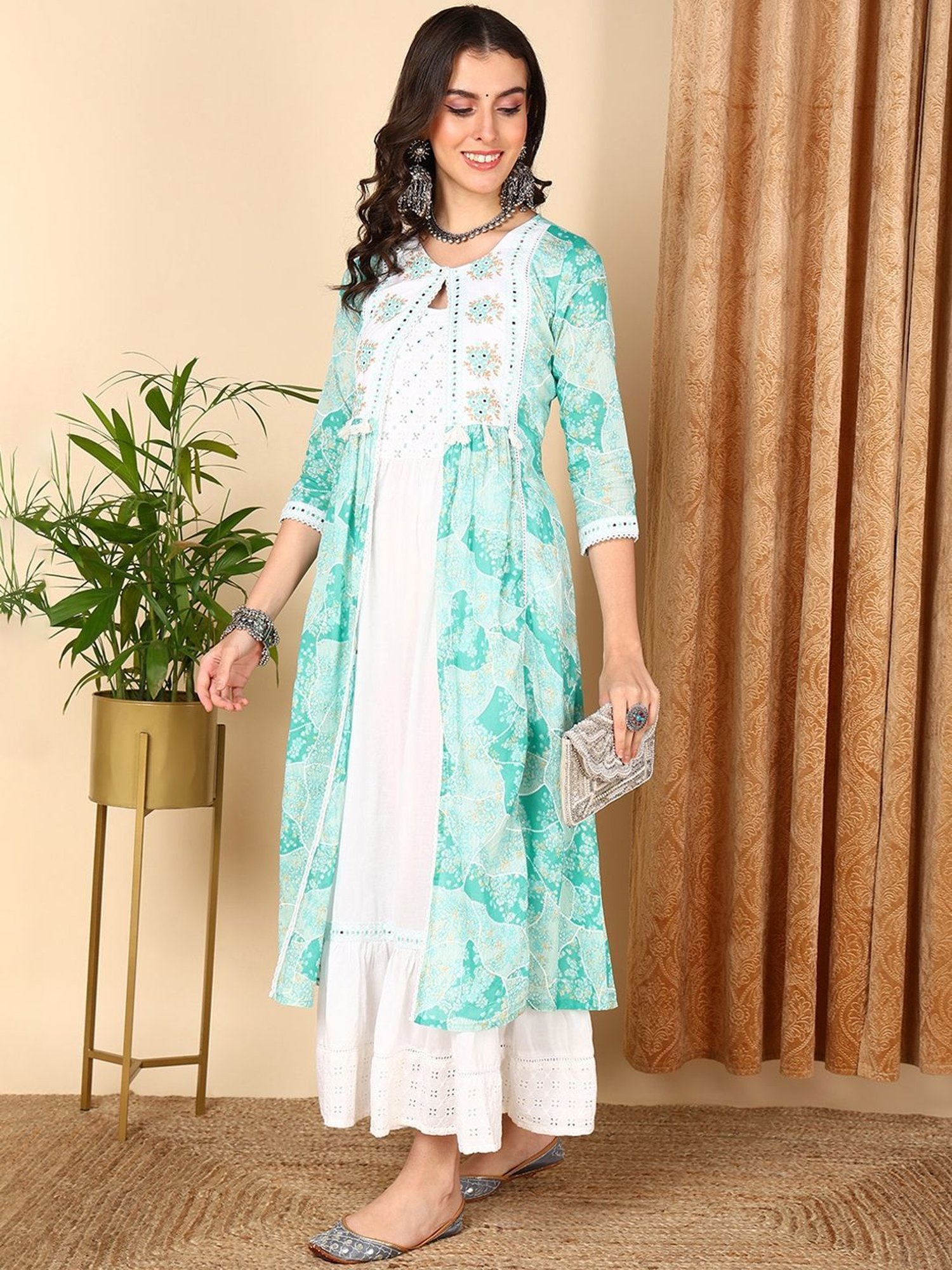 Vaamsi Turquoise Cotton Printed A-Line Dress With Jacket