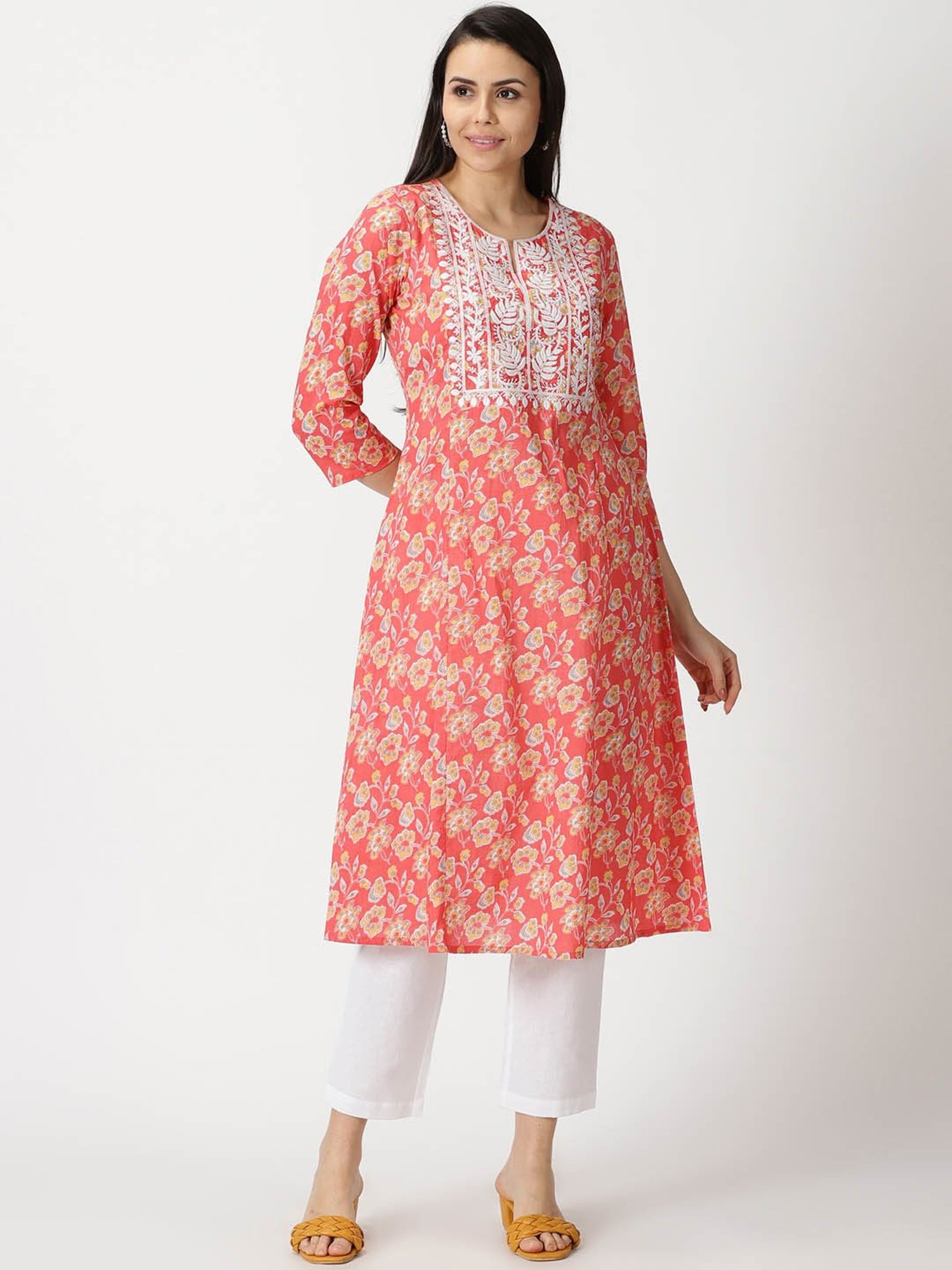 Saffron Threads Coral Cotton Floral Print A Line Kurta
