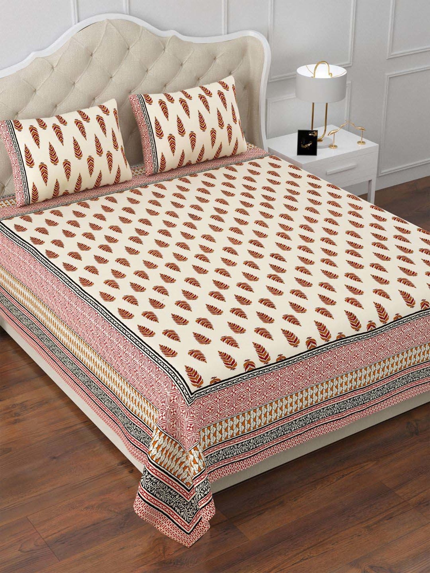 Aapno Rajasthan Evergreen Desert Red & Orange Cotton 140 GSM Double Bedsheet With 2 Pillow Cover