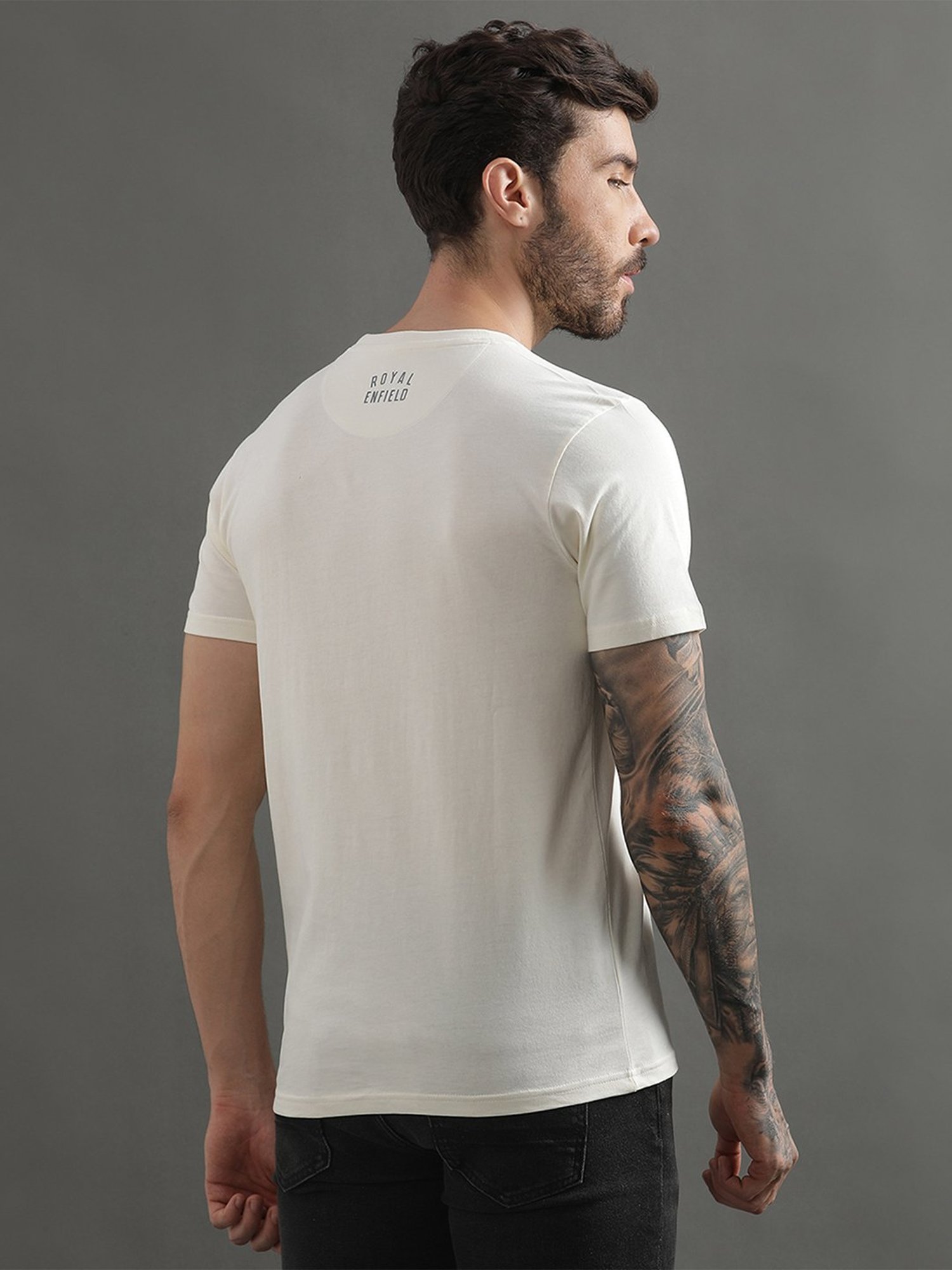 Royal Enfield MLG Off White Regular Fit Printed Crew T-Shirt