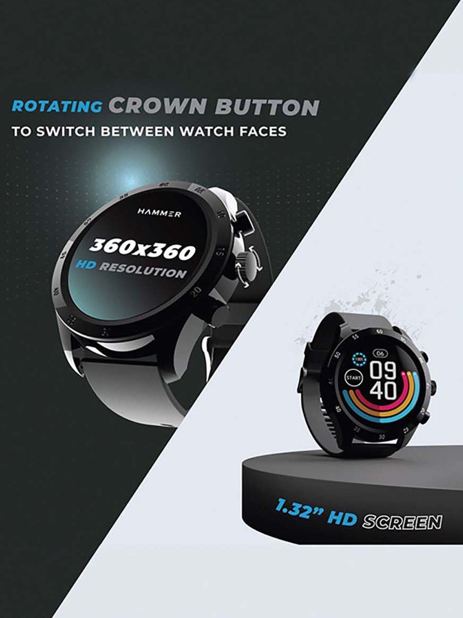 Hammer Active 1.32-inch round dial smart watch with call function digital smartwatch for men (Black)