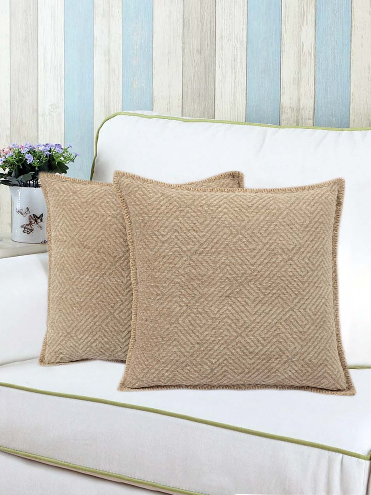 Saral Home Beige Chenille Cushion Covers - Set of 2