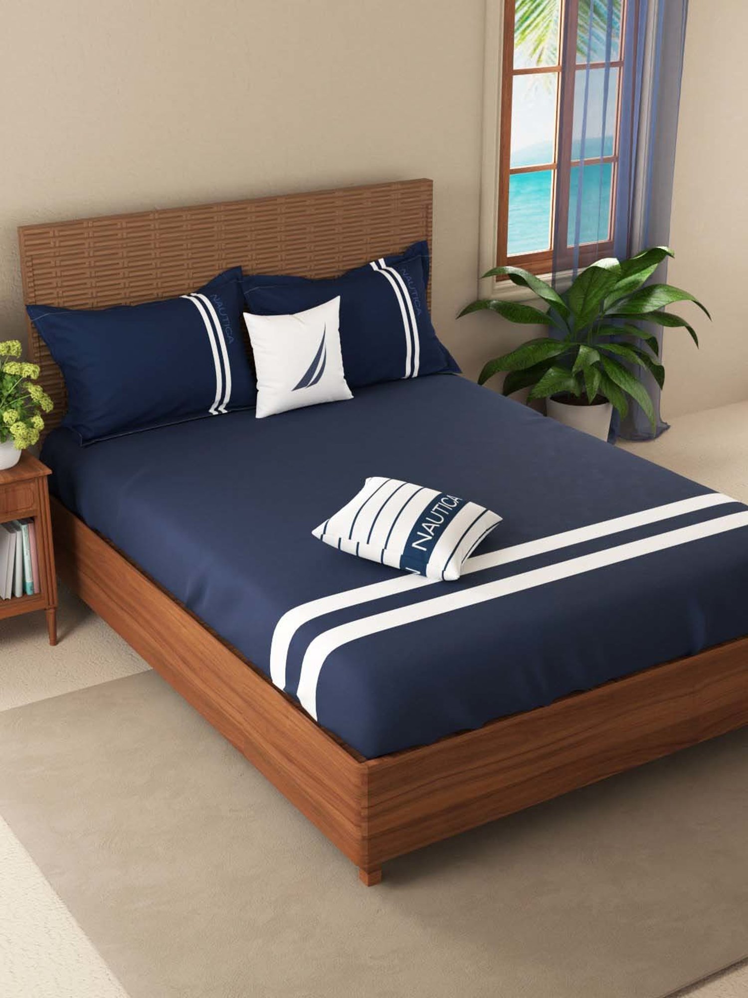 NAUTICA Coastal Stripes Navy & White Cotton Super King Size Bed Sheet With Pillow Covers