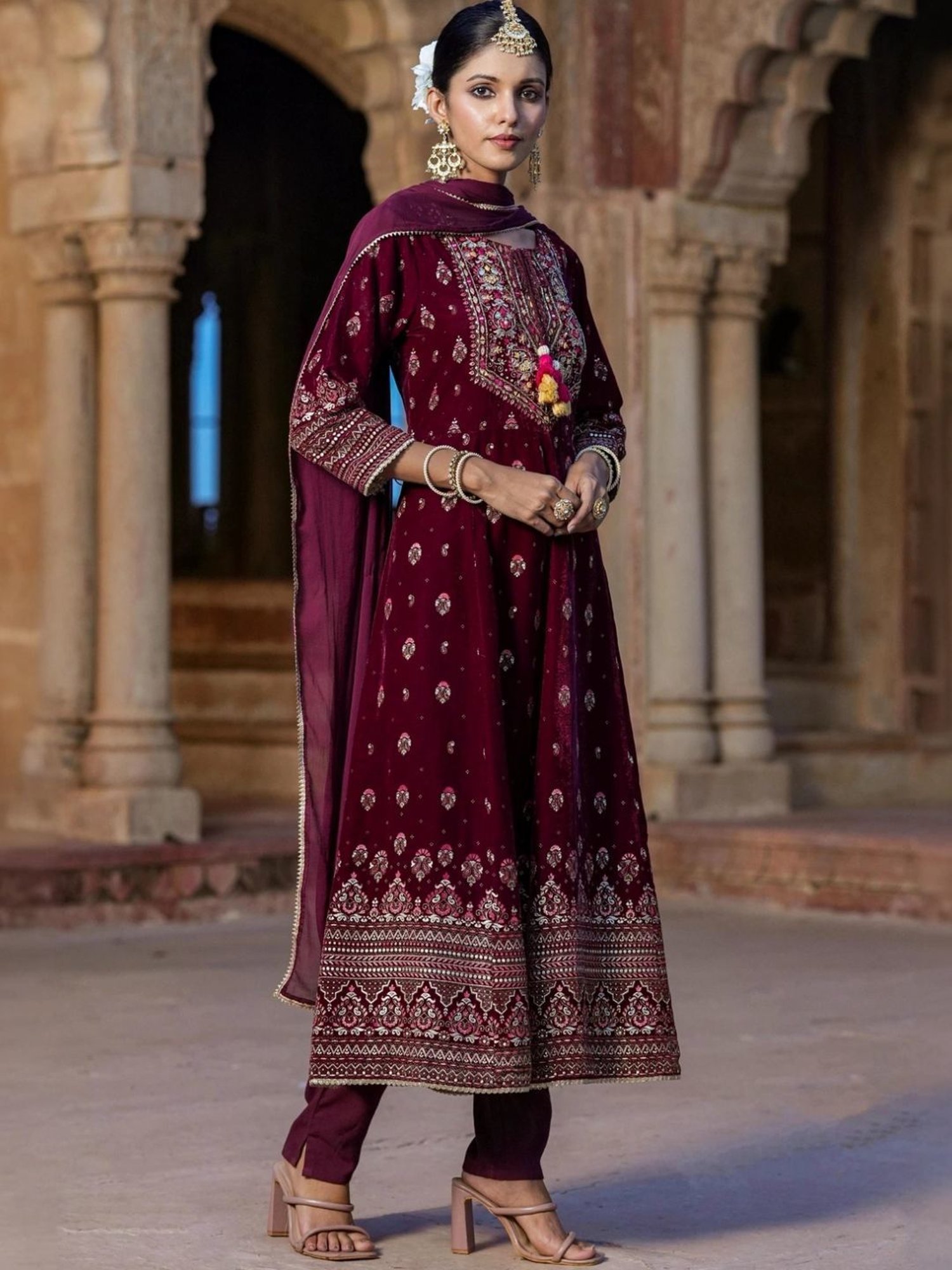 Scakhi Maroon Velvet Foil Printed Anarkali Suit Set Kurta With Pant And Dupatta