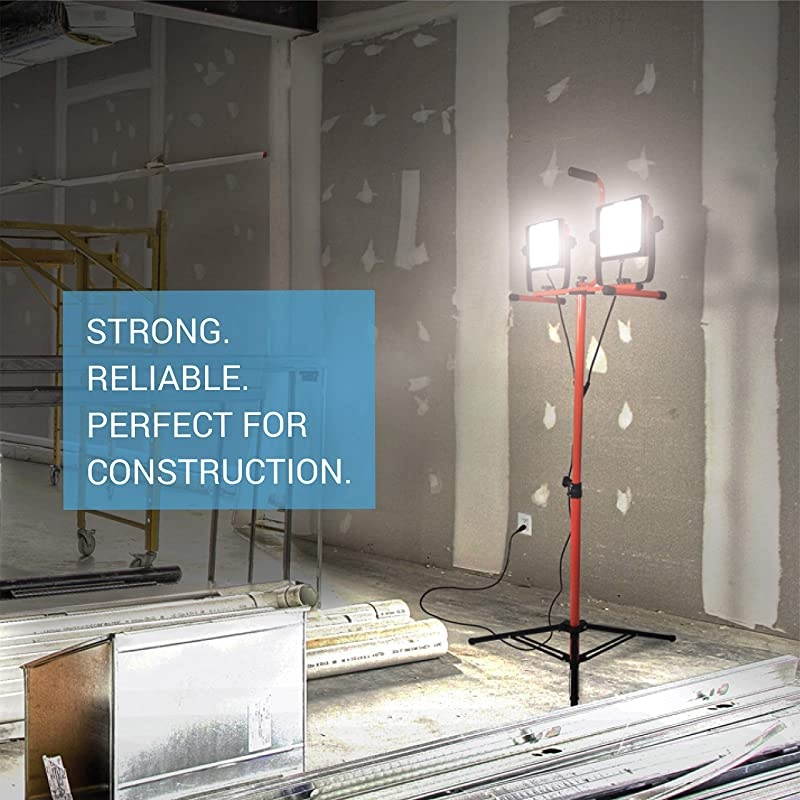 LED DualHead Work Light with 6ft Adjustable Tripod Stand 10000 Lumen 100W Durable Aluminum Body IP65 Waterproof Foldable Stand MultiDirectional amp Detachable Heads ETLListed