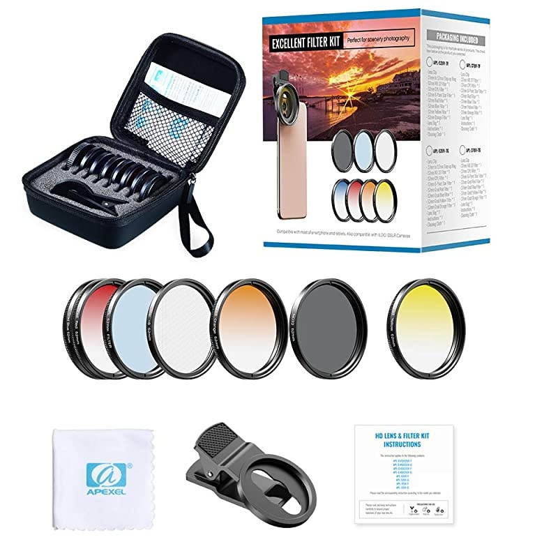 2020 Newly Phone Camera Graduated Color Filter Accessory Kit Adjustable BlueOrangeYellowRed Color Lens Star CPL Filter ND32 Filter for Camera iPhone Samsung Huawei etc
