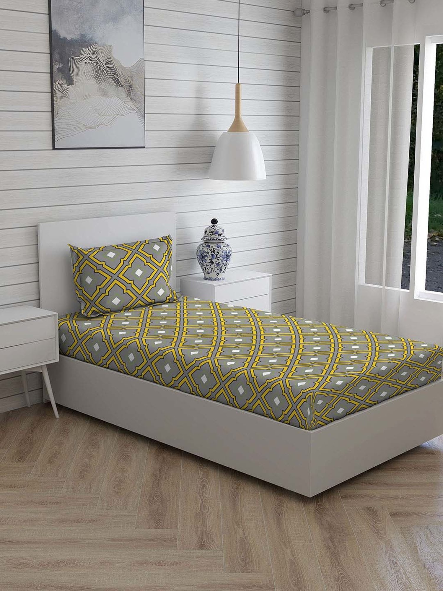 Layers Tuscany Grey Cotton 104 TC Single Flat Bed Sheet With 1 Pillow Cover