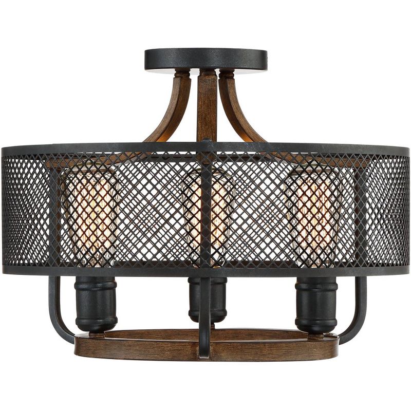 Franklin Iron Works Farmhouse Ceiling Light Semi Flush Mount Fixture Black Mesh Wood 16" Wide 3-Light for Bedroom Kitchen Hallway