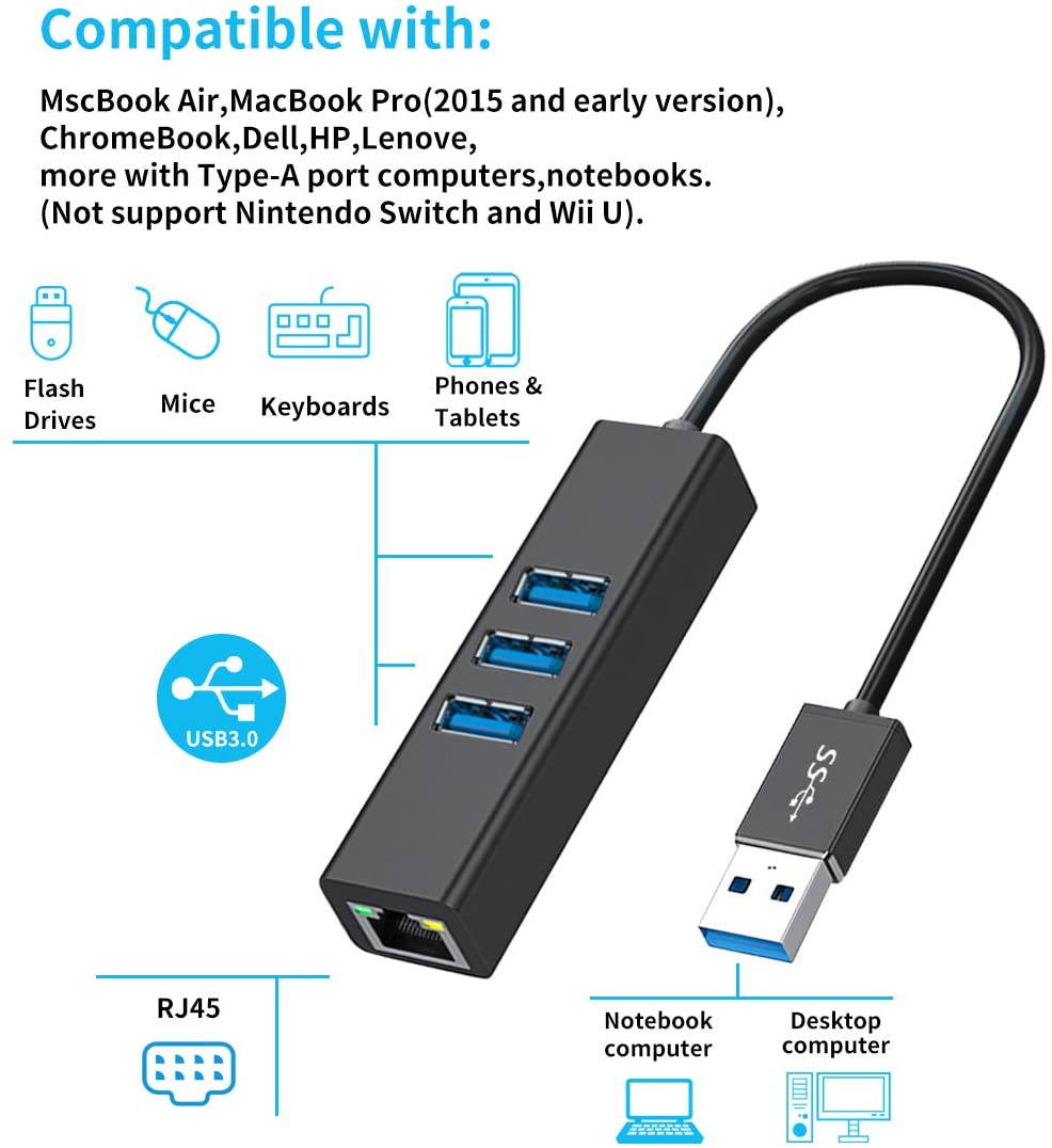USB 3.0 Hub to 3x USB3.0 1x RJ45 Ethernet Adapter, with RJ45 10/100/1000 Gigabit Ethernet LAN Network to USB Adapter for Windows PC, Linux, MacBook, Ultrabook, Notebooks, Tablets, Aluminum (Black)