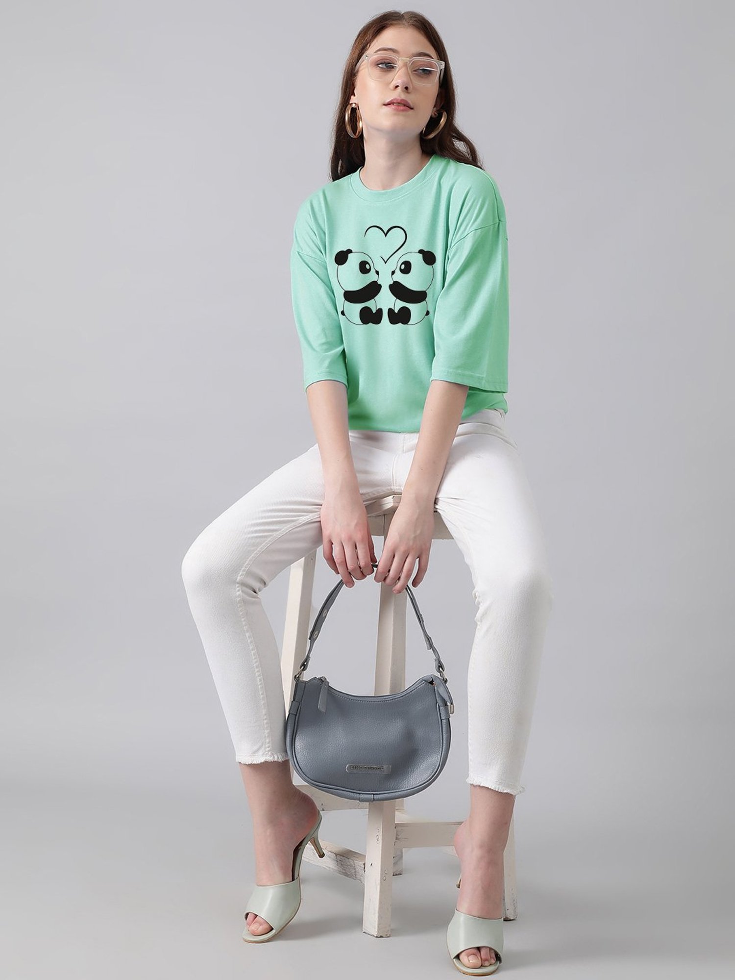 Kotty Light Green Printed Oversized T-Shirt