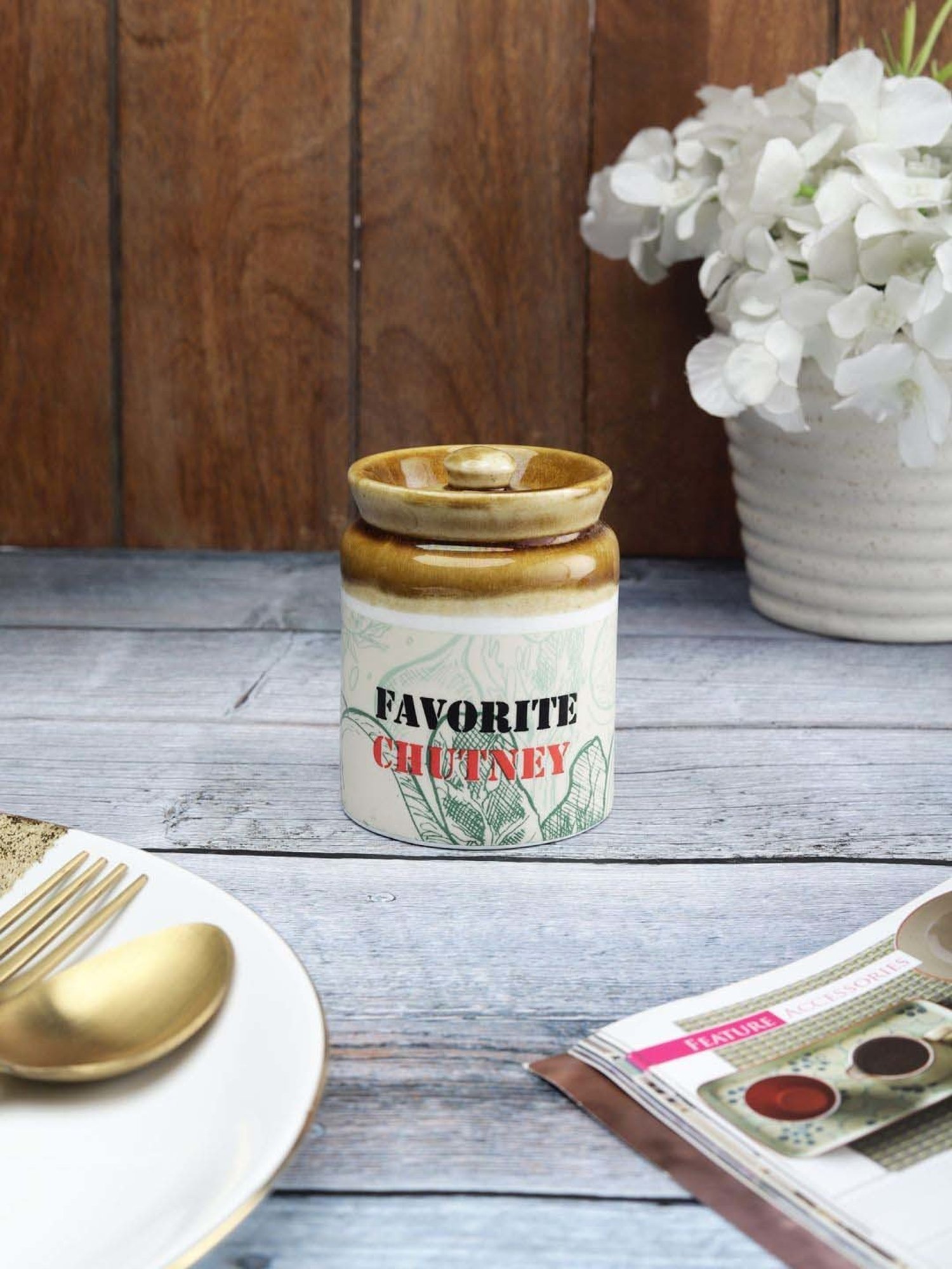 Clay Craft Off-White & Brown Ceramic Pickle Jar (0.35 L)