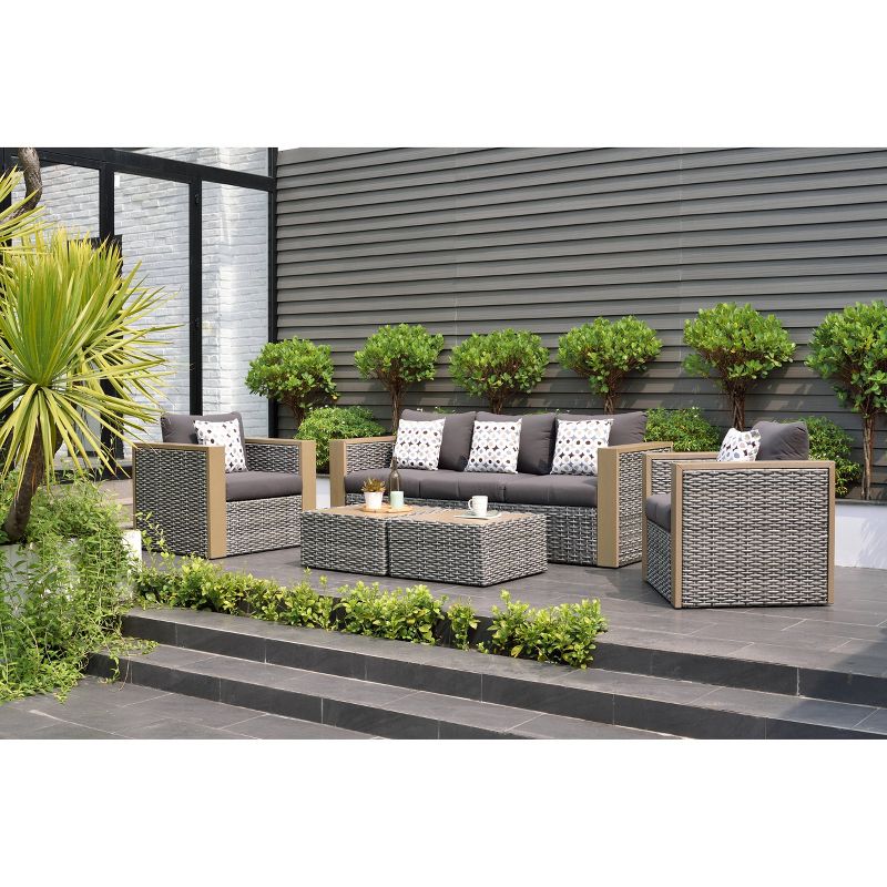 Camaro 5-Piece Wicker/Faux Wood Patio Seating Set with Gray Cushions - Gray - Amazonia