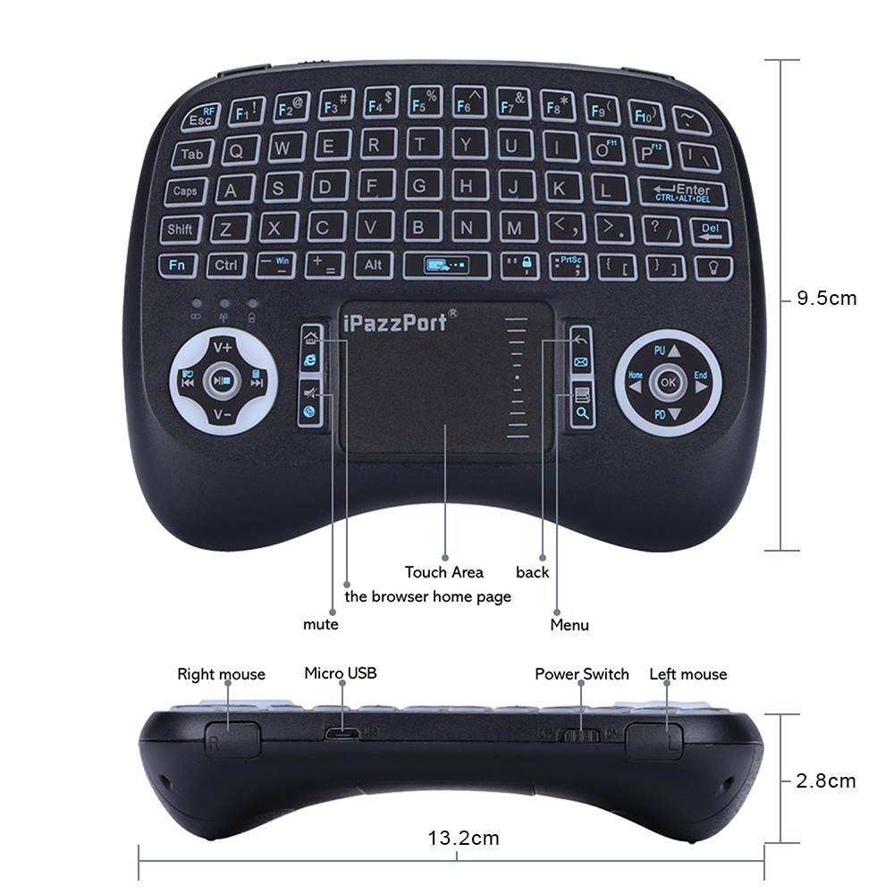 iPazzPort 2.4G Portable Wireless Keyboard USB Keyboard with Backlit Touchpad for Android TV Box Black