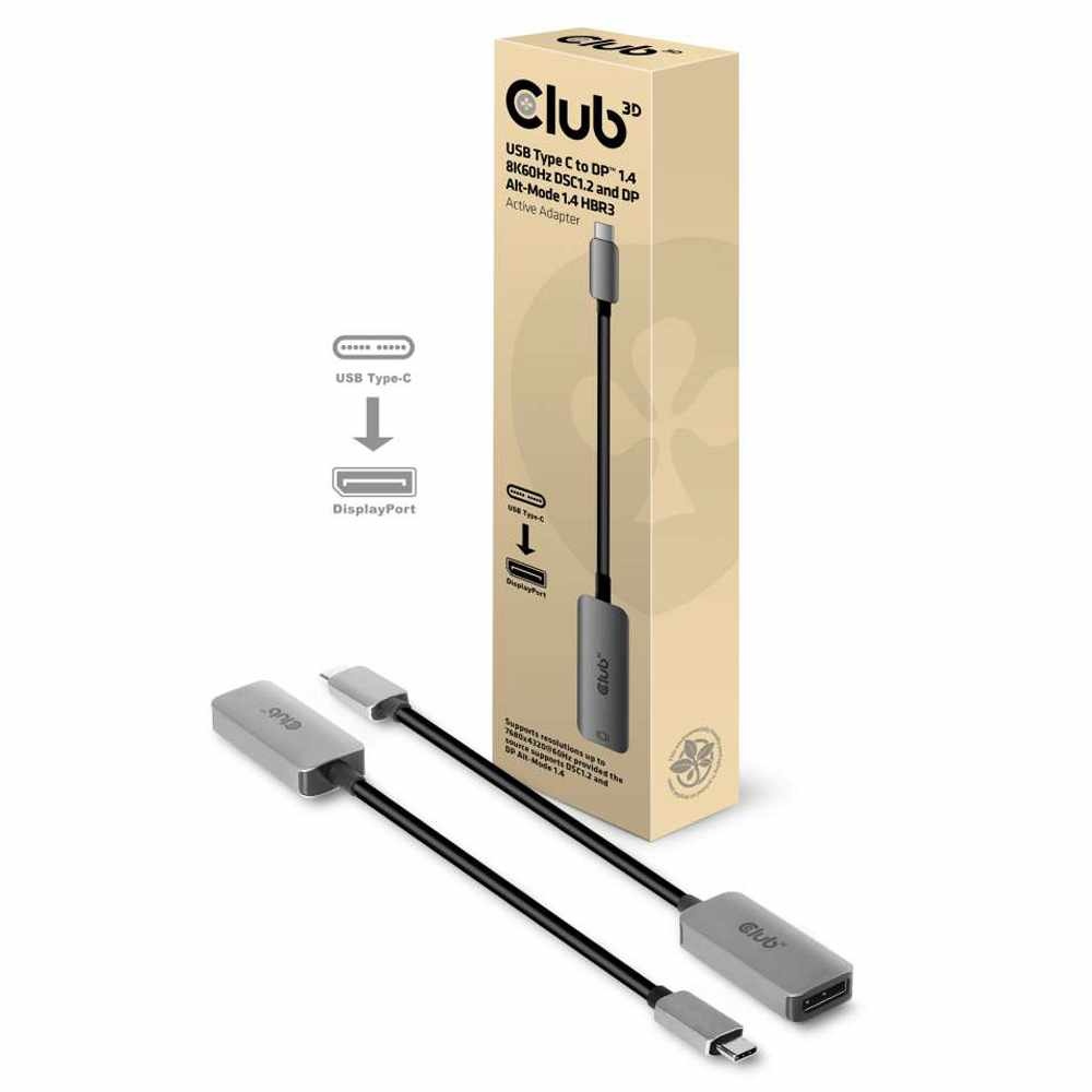 Club3D USB-C to DP 1.4 8K60HZ DSC 1.2 HDR HBR3 Active Adapter Gray Adapters