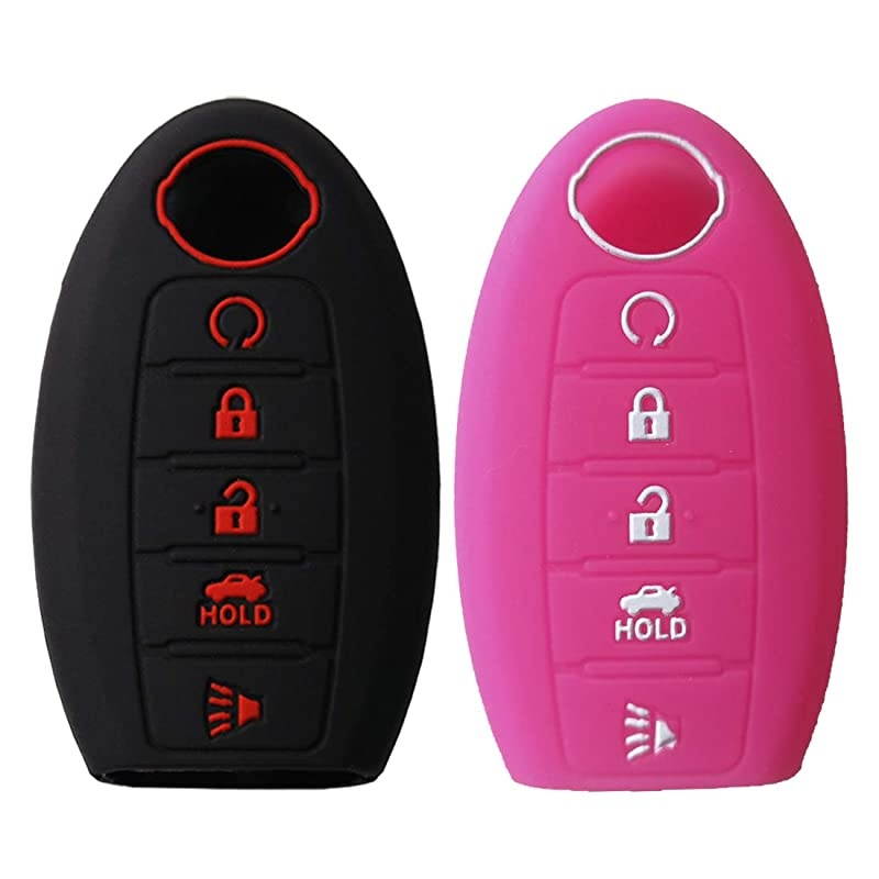 2Pcs  5 Buttons Key Fob Silicone Remote Cover Case Keyless Jacket Holder Protector for Nissan Altima Maxima Armada Murano Rogue Sedan PathfinderBlack Rose