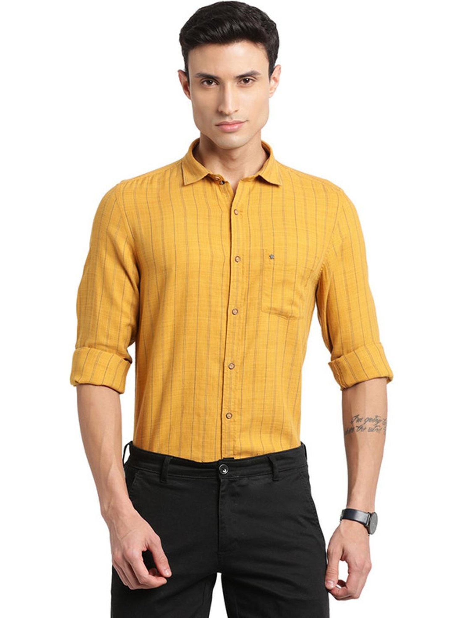 Turtle Mustard Slim Fit Striped Shirt