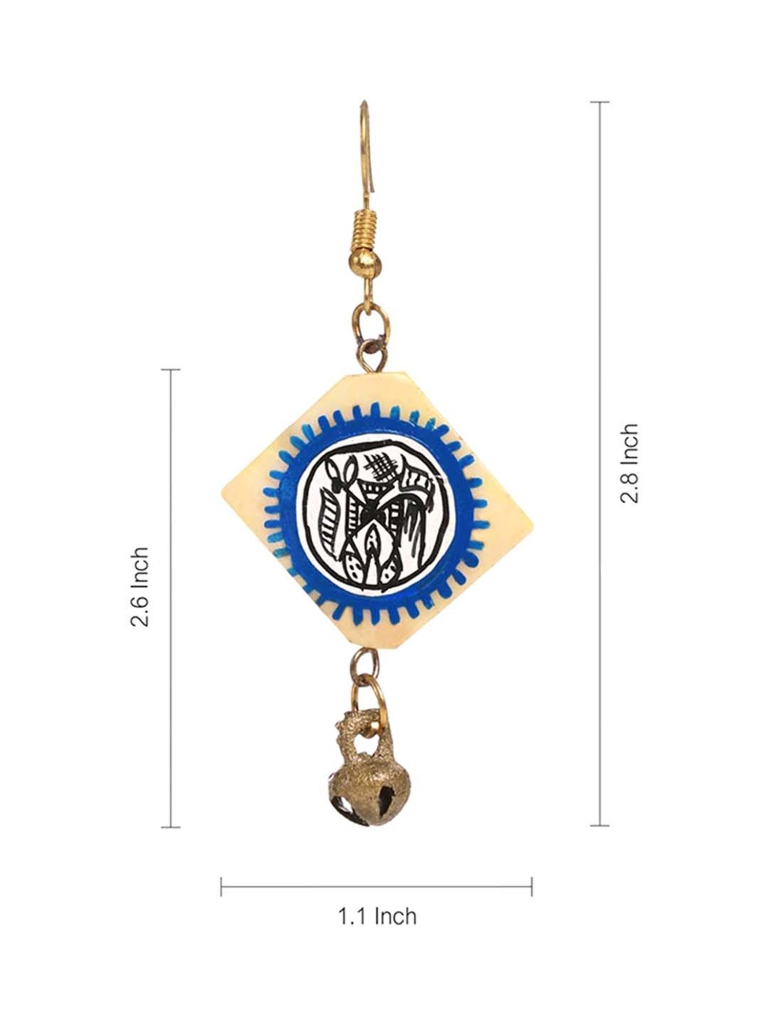 ExclusiveLane 'Tribal Warli Squares' Blue & Ivory Brass Resin Earrings Handpainted in Warli Art