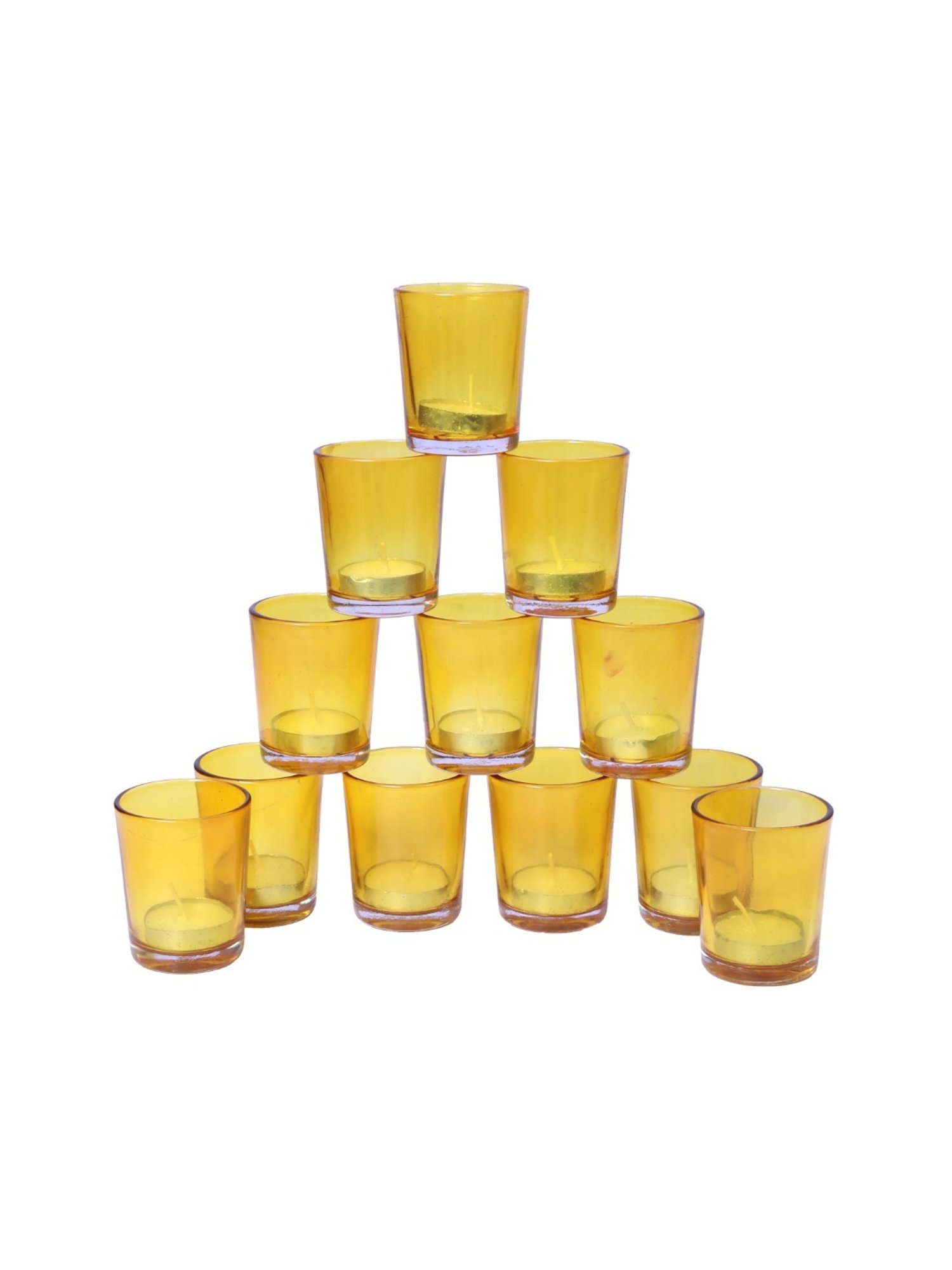 HOSLEY Yellow Glass Votive Tealight Candle Holder with Tealights - Set of 12