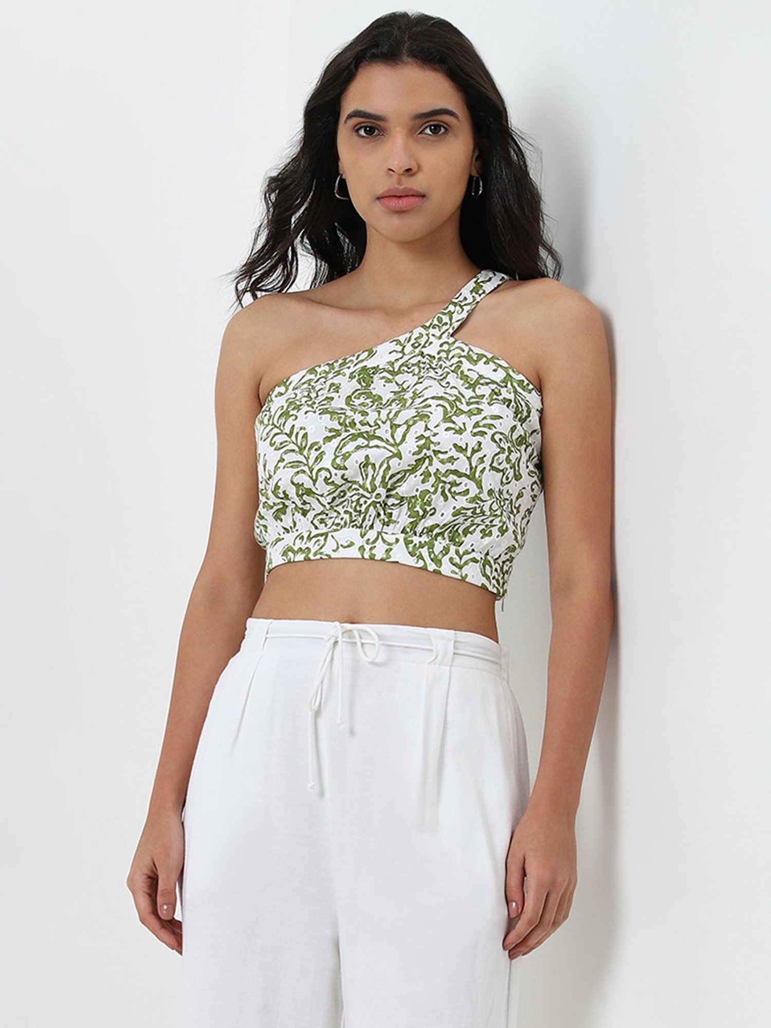 LOV by Westside Green Foliage Design One-Shoulder Cotton Top