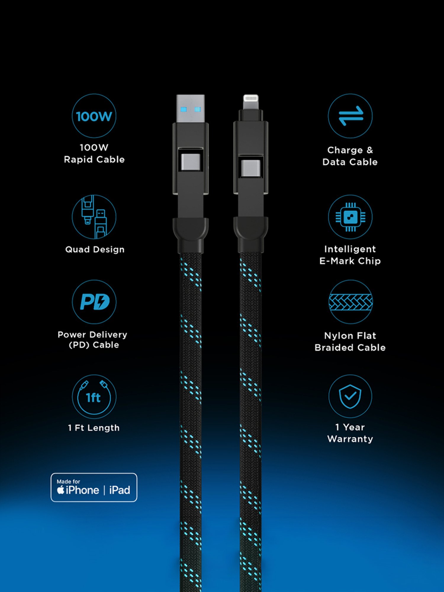 URBN 4 in 1 Quad Cable, Apple MFi Certified Type C to Lightning, USB to LTG, Type C to C (Black)