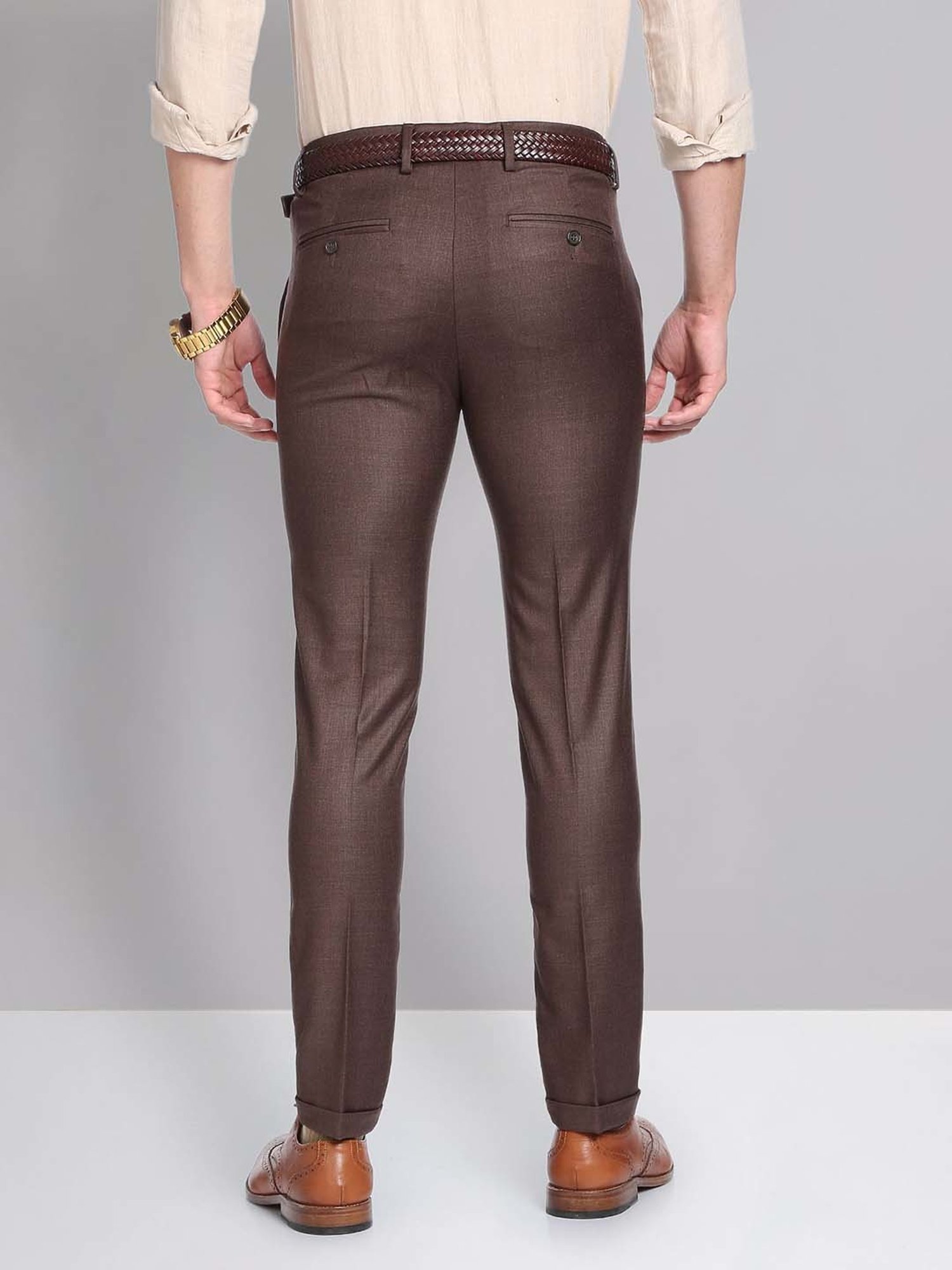AD by Arvind Dark Brown Slim Fit Flat Front Trousers