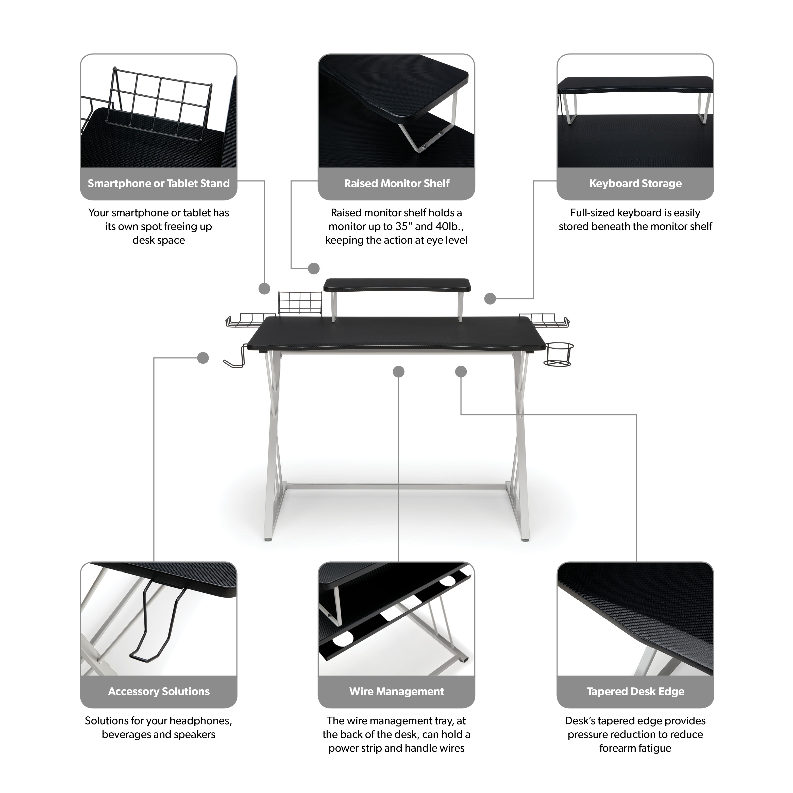 Essentials Collection 55" Gaming Computer Desk, 35" Monitor Shelf, Z-Base, in White/Black (ESS-1101-WHT-BLK)