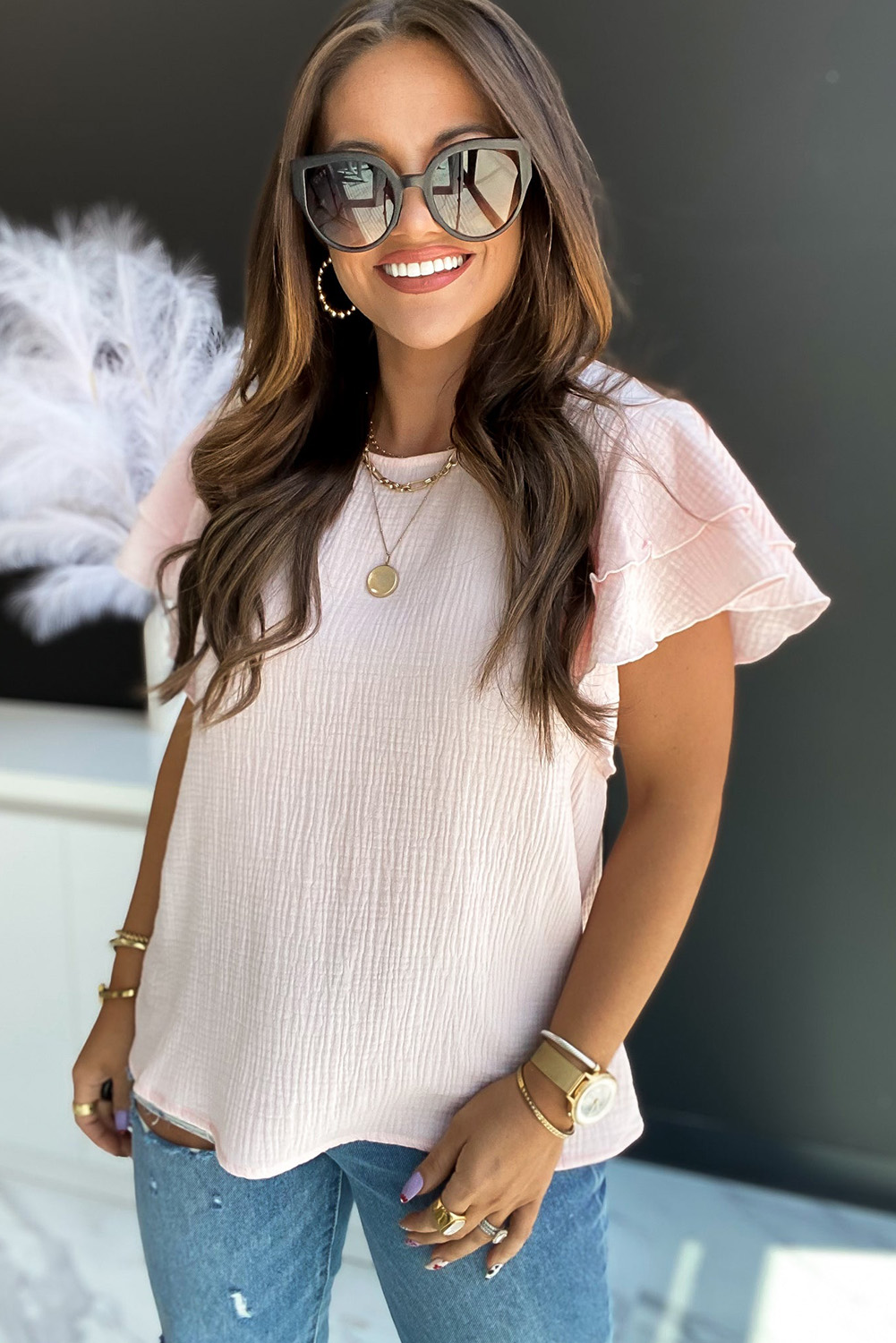 One World Apparel Jacquard Square Neck Short Sleeve Ivory Multi Floral Print Top