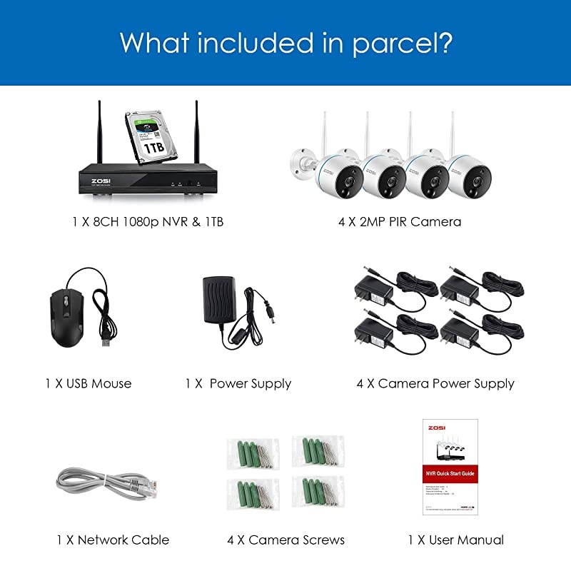 1080P Wireless Security Camera System, H.265+ 8 Channel 2MP CCTV NVR Recorder with Hard Drive 1TB and 4pcs 1080P Auto Match WiFi IP Camera Outdoor Indoor,Night Vision,Motion Alert, Remote Access