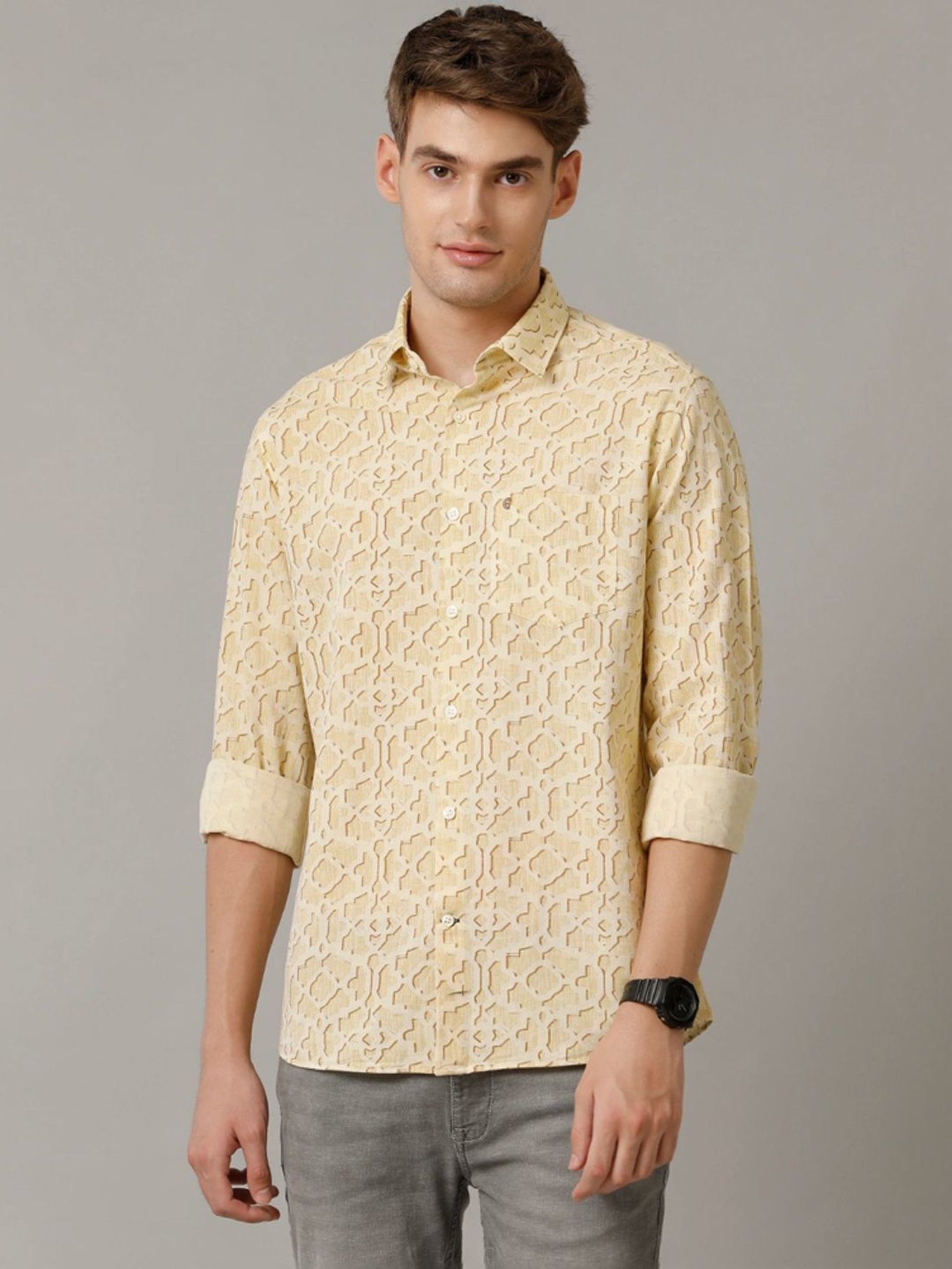 Cavallo By Linen Club Yellow Linen Contemporary Fit Printed Shirt