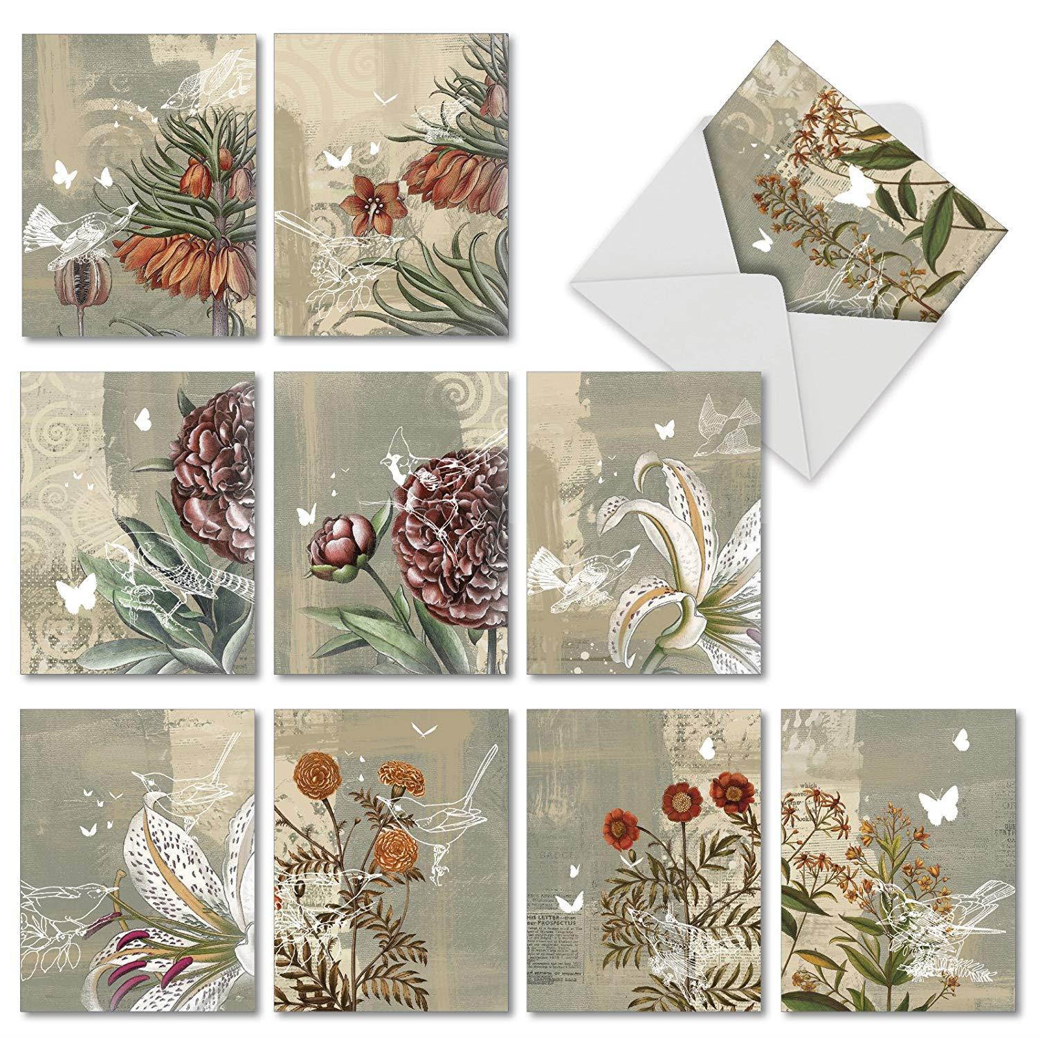 M2986TYG Floral Collages: 10 Assorted Thank You Note Cards Featuring Floral and Botanical Print Collages, w/White Envelopes.