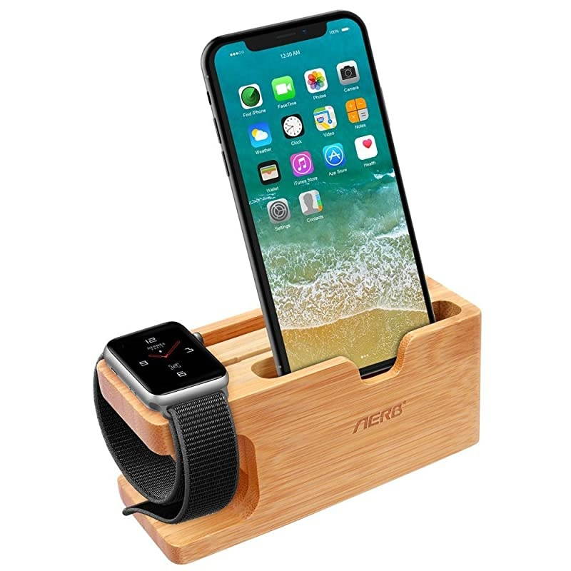 Apple Watch Stand,  Bamboo Wood Charging Stand Bracket Docking Station Cradle Holder W Business Card Slot Phone Stand for iPhone X 8 7 6 Plus 5 5c and Apple Watch 38mm 42mm Series 3 Series 2 Series 1