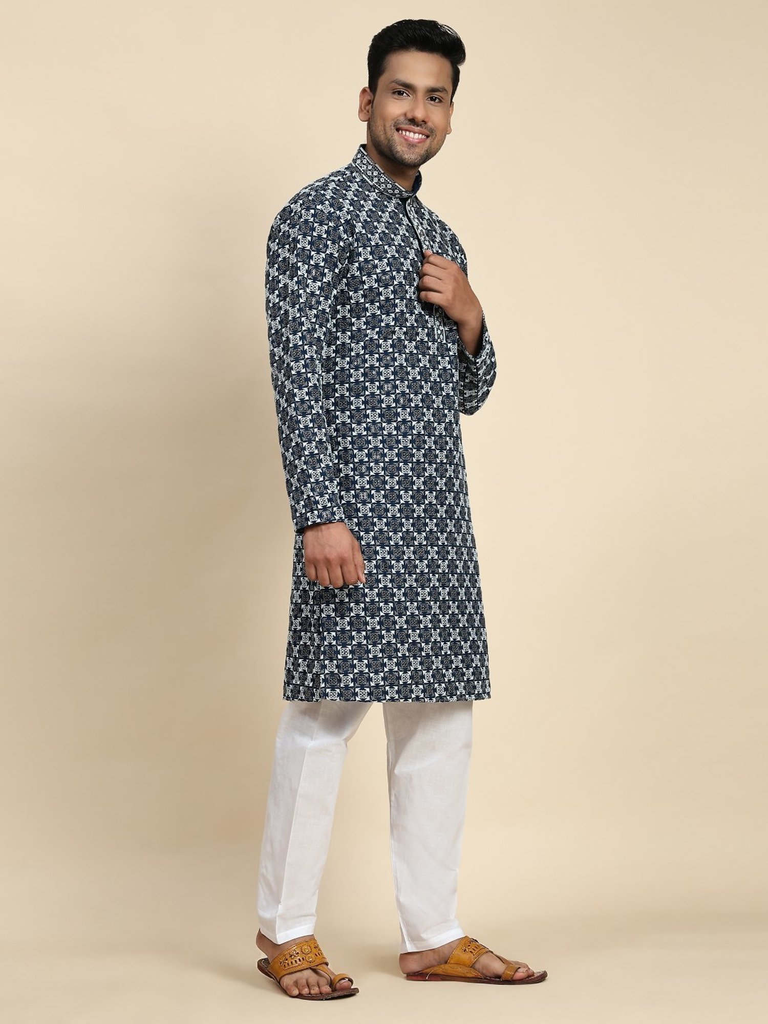 Pro-Ethic Style Developer Blue & White Cotton Regular Fit Embellished Kurta Bottom Set