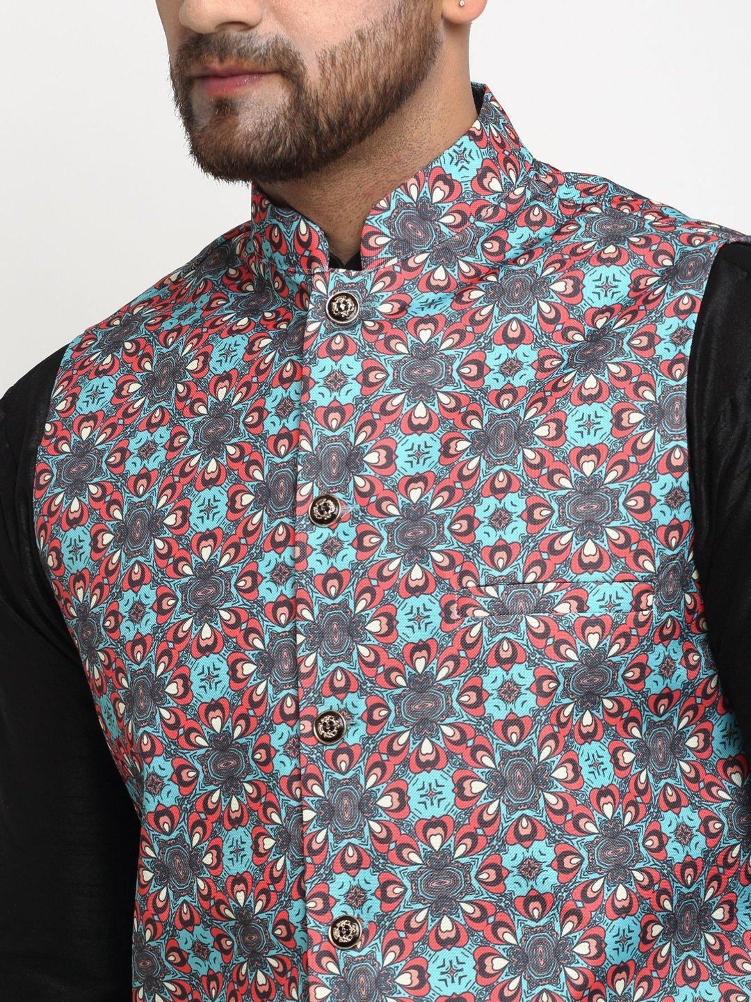 Benstoke Black & Sky Blue Regular Fit Floral Print Kurta Set With Jacket